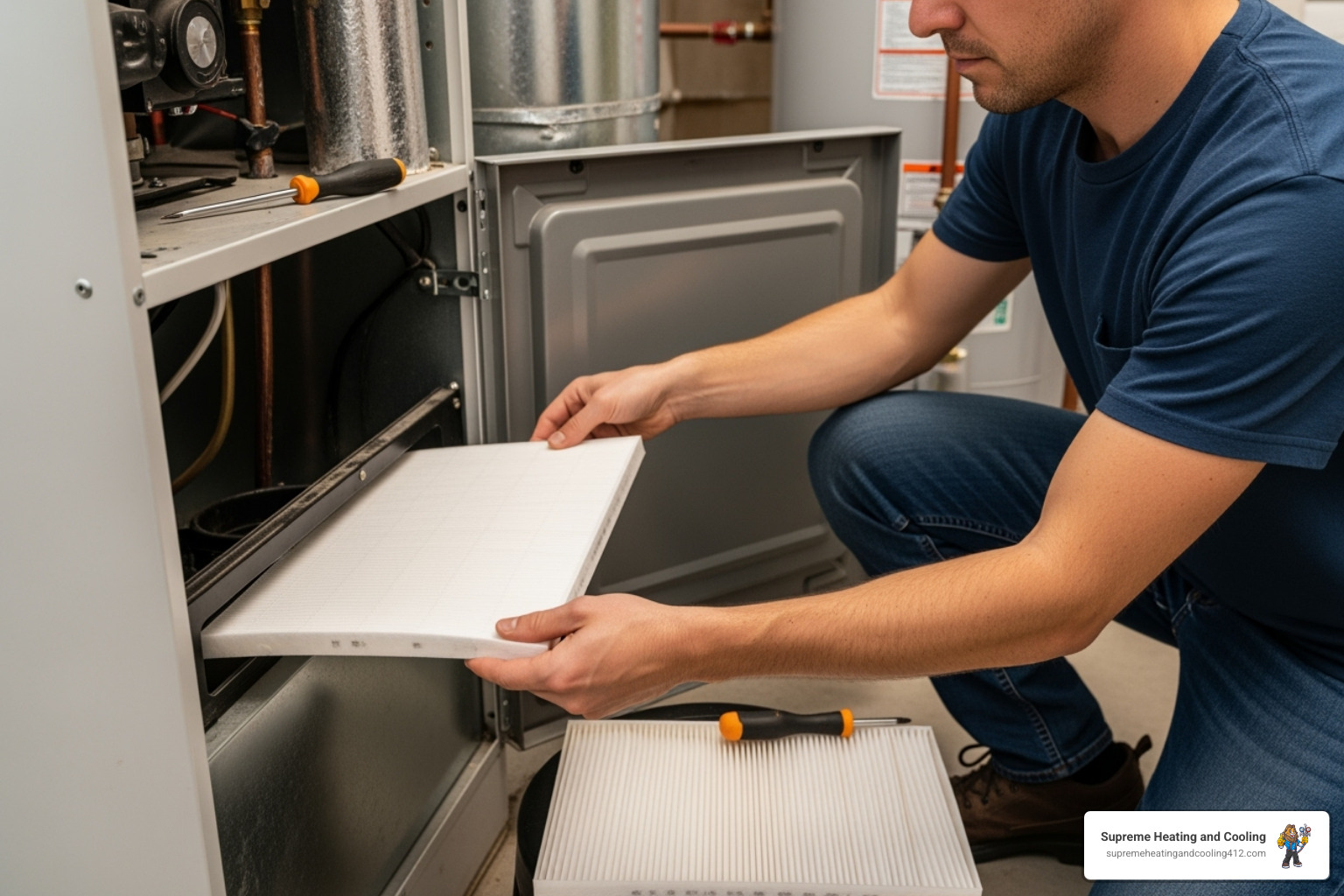 homeowner changing air filter - ac installation edgewood, pa