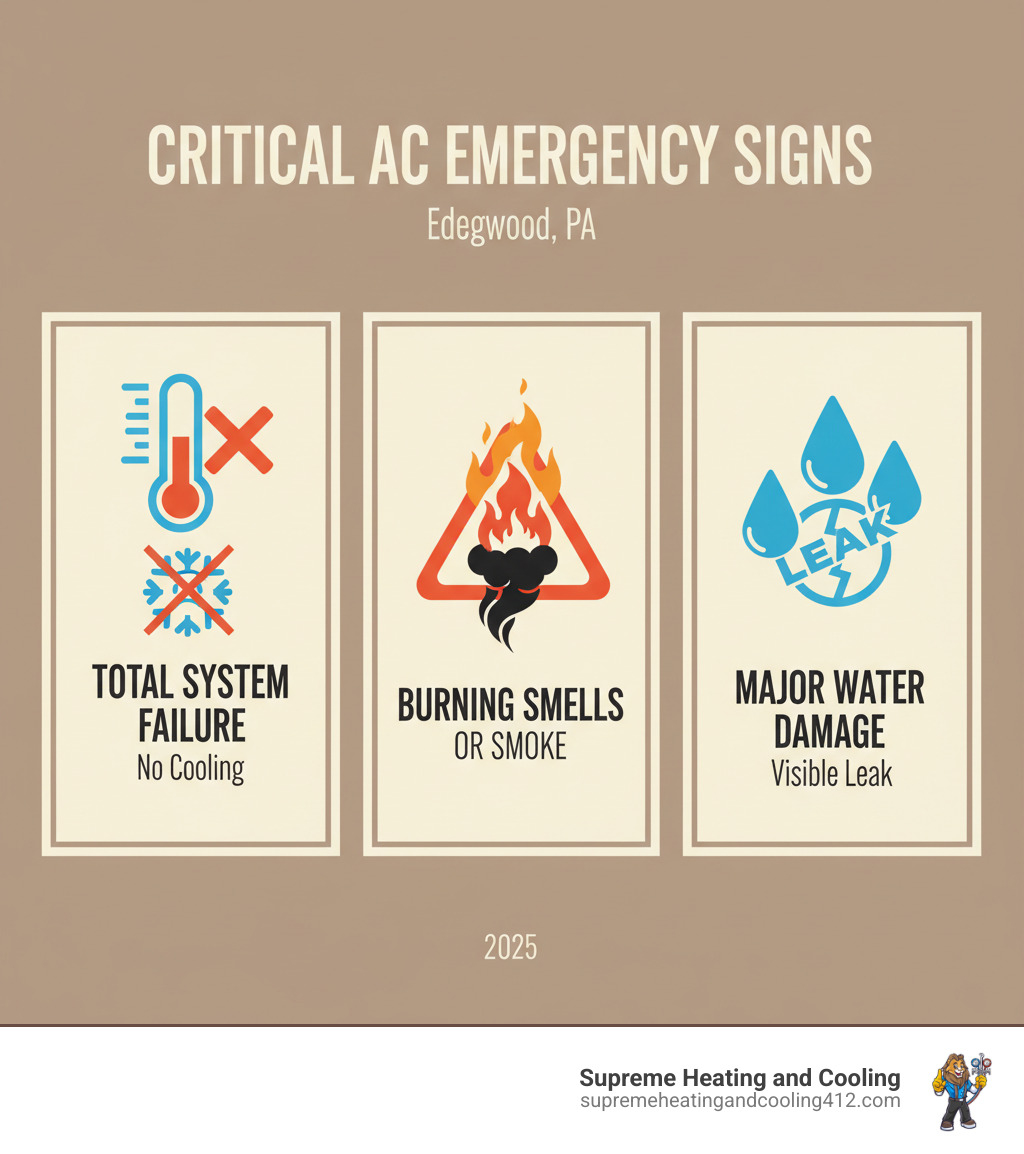Infographic showing three critical AC emergency signs: a thermometer with no cooling indicating total system failure, a warning triangle with flames representing burning smells or smoke, and water droplets with a leak symbol for major water damage - emergency ac repair edgewood, pa infographic Infographic showing three critical AC emergency signs: a thermometer with no cooling indicating total system failure, a warning triangle with flames representing burning smells or smoke, and water droplets with a leak symbol for major water damage - emergency ac repair edgewood, pa infographic