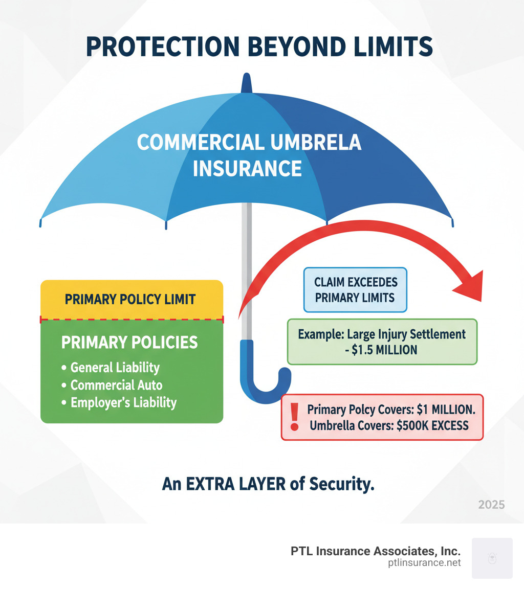Infographic showing how commercial umbrella insurance provides an additional layer of protection when primary policy limits are exhausted, with a visual example of a claim exceeding general liability limits - commercial umbrella insurance infographic 