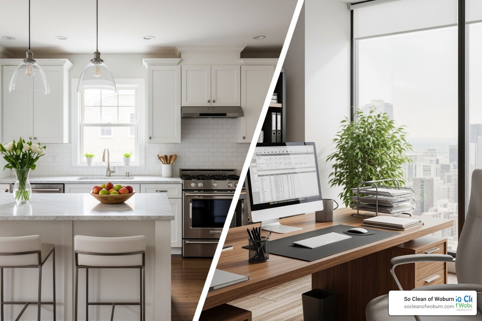 split-screen showing a clean residential kitchen and a tidy commercial office space - cleaning company in boston