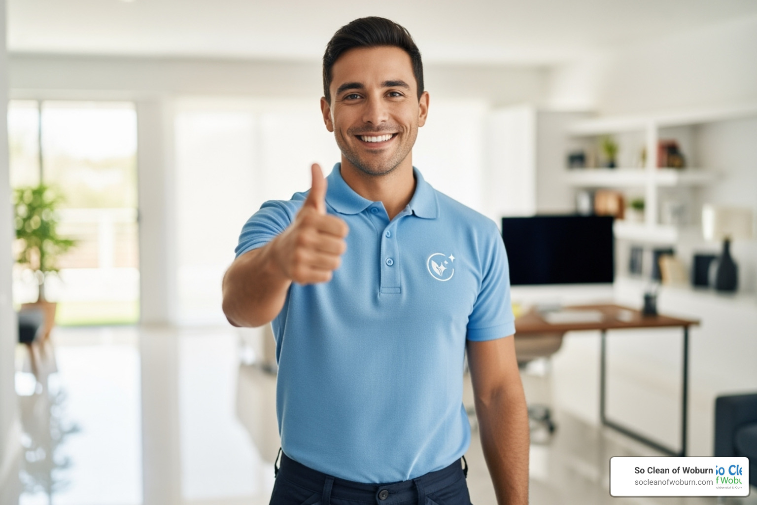 friendly, uniformed cleaner with a thumbs-up - cleaning company in boston