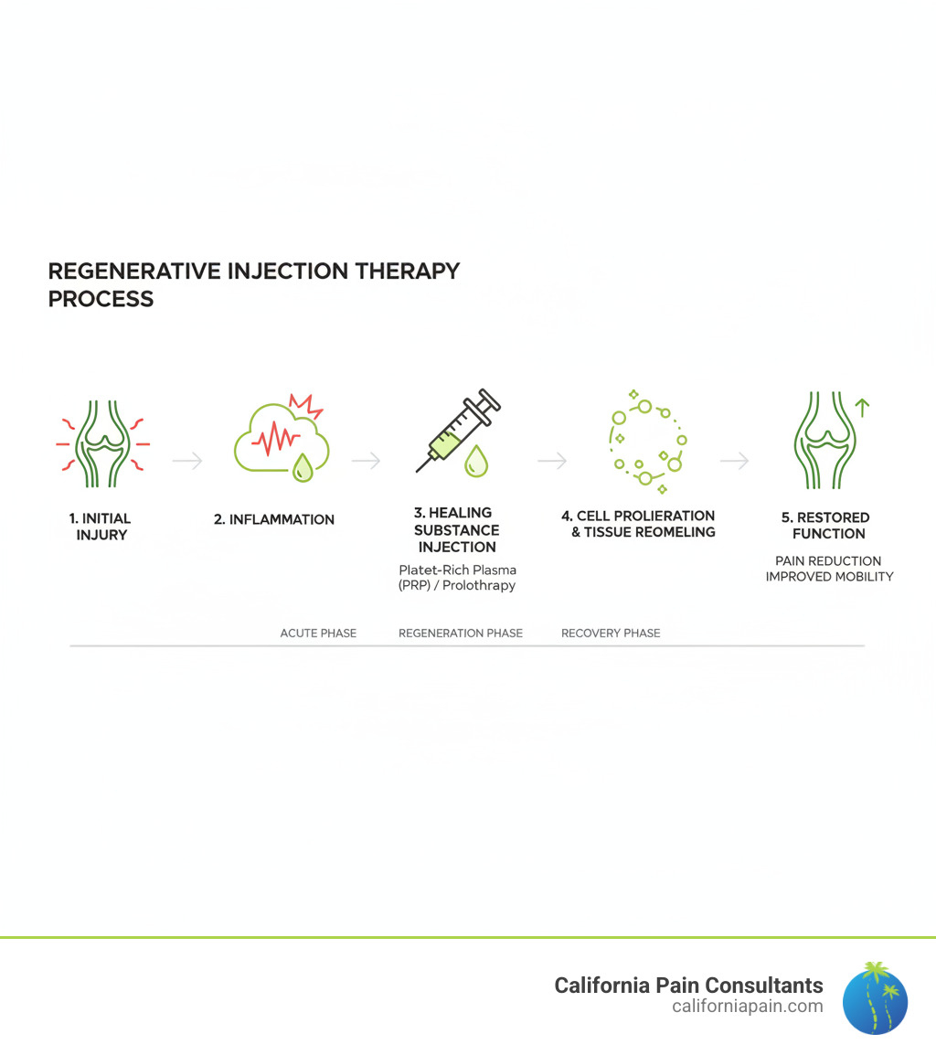 Infographic showing the regenerative injection therapy process from initial injury through inflammation, injection of healing substances, proliferation of new cells, and final tissue remodeling resulting in restored function - regenerative injection therapy reviews infographic 