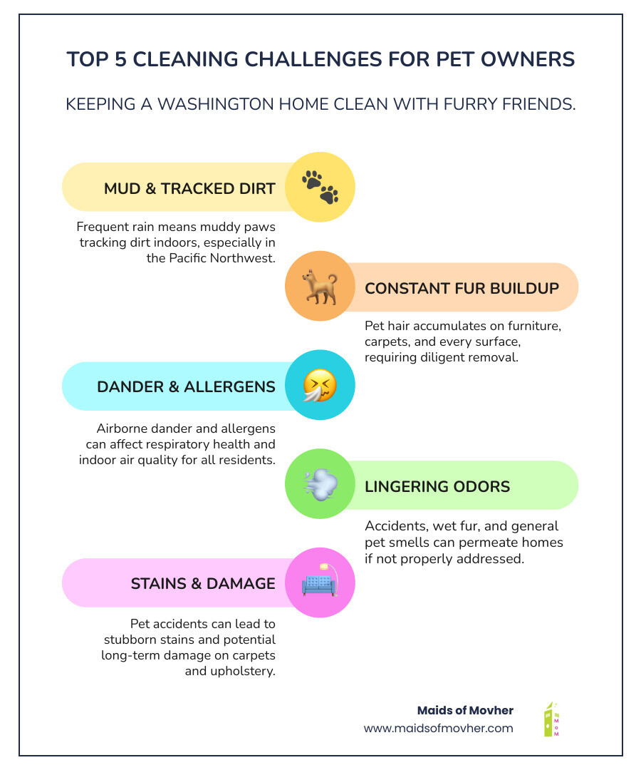 infographic showing the top 5 cleaning challenges for pet owners: muddy paw prints and tracked dirt, constant shedding and fur buildup, pet dander and allergens affecting air quality, lingering odors from accidents and wet fur, and stains on carpets and upholstery - pet owner cleaning service washington infographic infographic-line-5-steps-colors