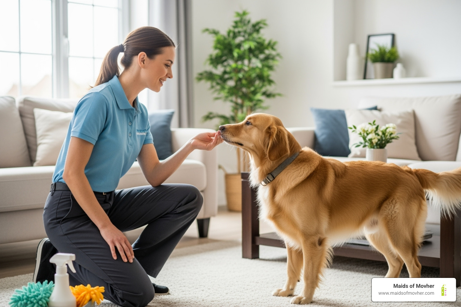 cleaner gently greeting curious dog - pet owner cleaning service washington