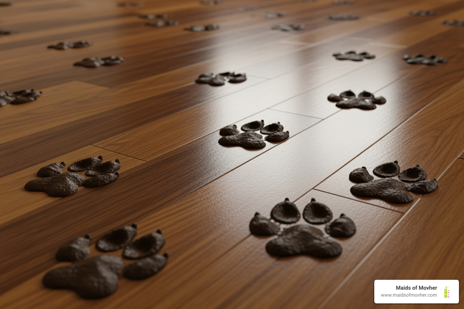 muddy paw prints on hardwood floor - pet owner cleaning service washington