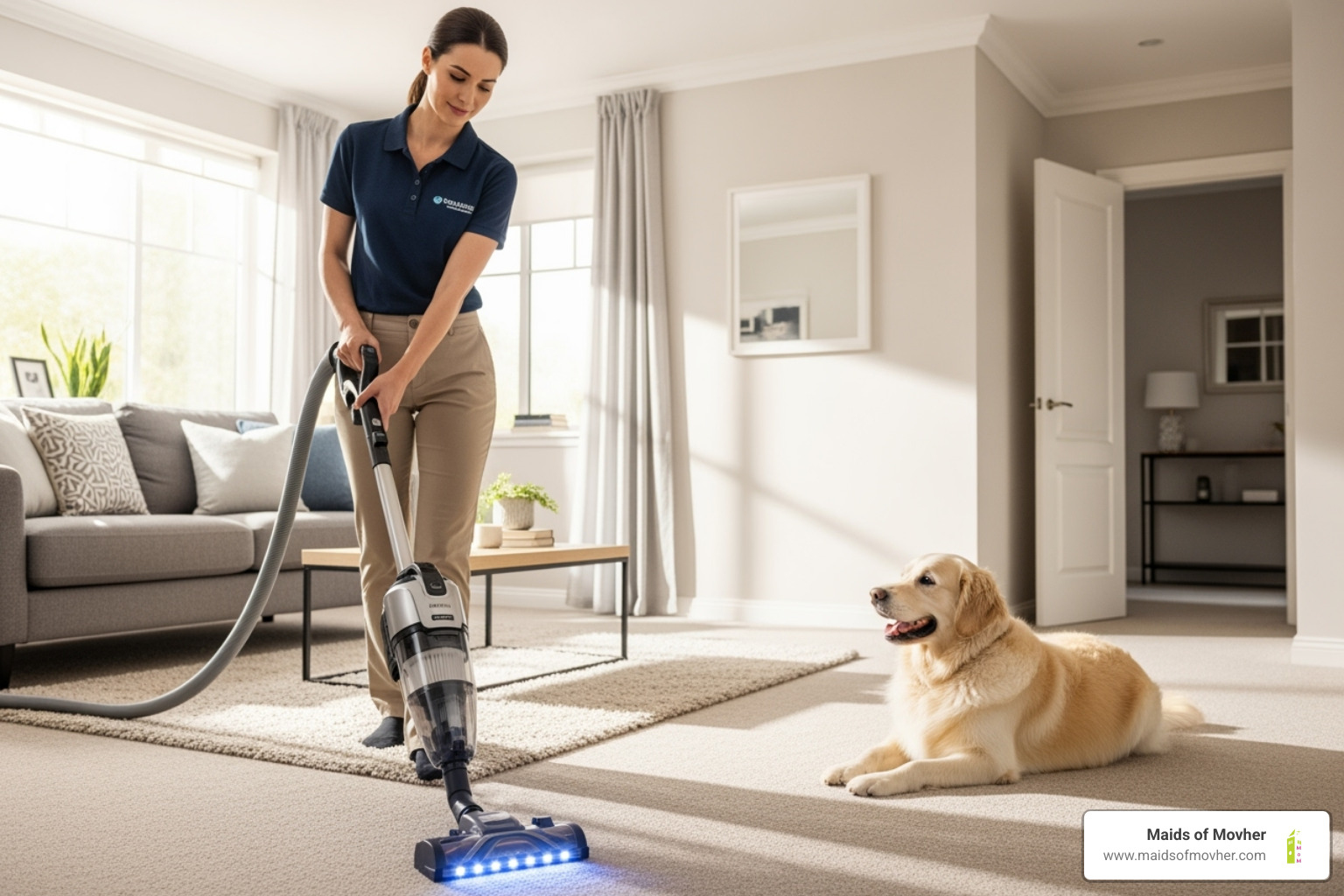 professional cleaner using HEPA filter vacuum with pet nearby - pet owner cleaning service washington