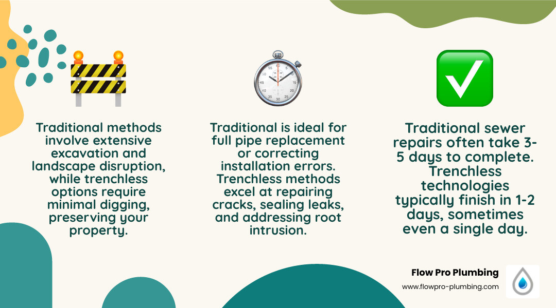 Infographic comparing traditional excavation showing heavy machinery and torn-up yard versus trenchless repair showing technician at small access point with intact landscaping, highlighting key differences in disruption level, timeline, and property impact - Sewer pipe repair methods infographic 3_facts_emoji_nature Infographic comparing traditional excavation showing heavy machinery and torn-up yard versus trenchless repair showing technician at small access point with intact landscaping, highlighting key differences in disruption level, timeline, and property impact - Sewer pipe repair methods infographic 3_facts_emoji_nature