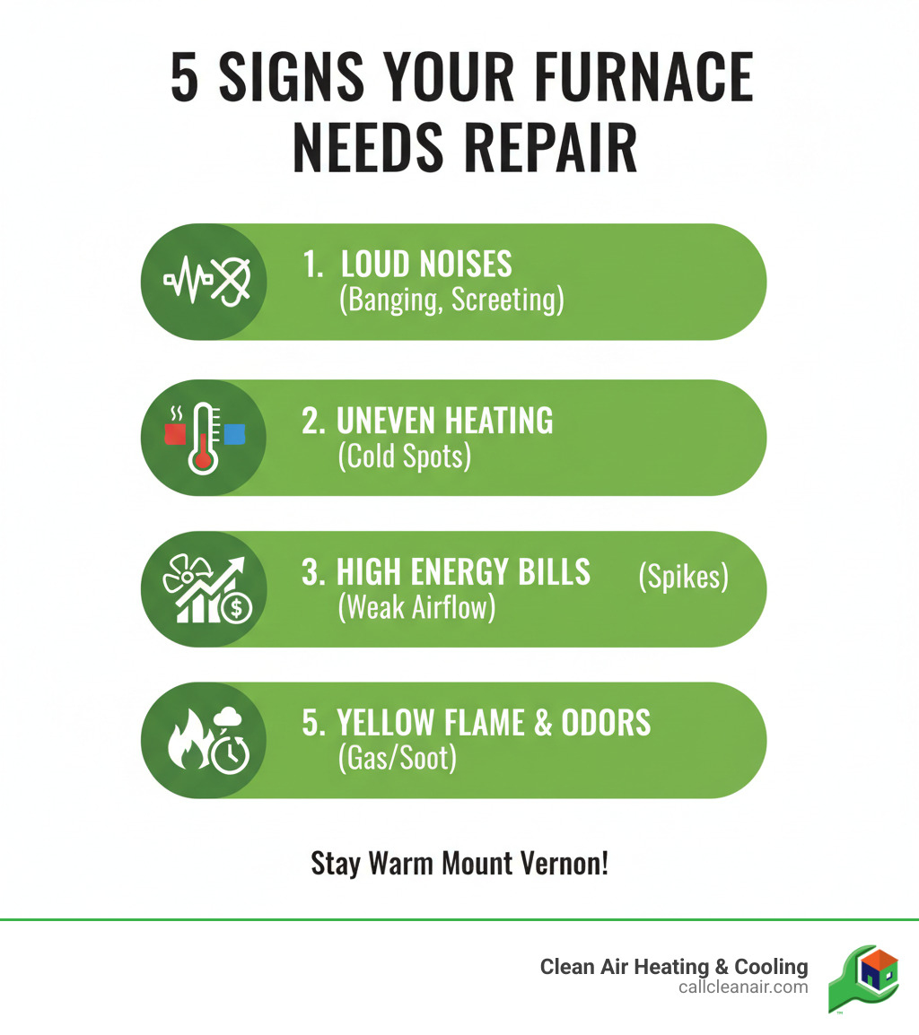 Infographic showing the top 5 signs your furnace needs immediate repair: 1. Loud or unusual noises like banging and screeching, 2. Uneven heating or temperature variations between rooms, 3. Unexplained spikes in monthly energy bills, 4. Furnace cycling on and off frequently or weak airflow from vents, 5. Yellow pilot light flame instead of blue, gas odors, or visible soot - furnace repair mount vernon infographic 