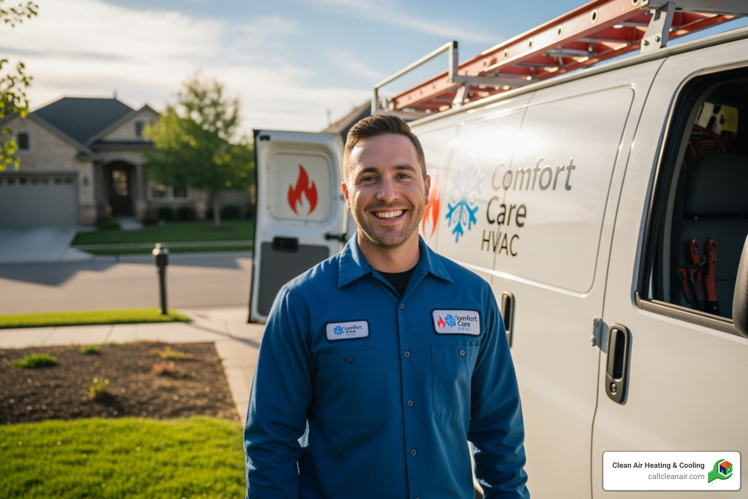 A friendly, certified technician from Clean Air Heating & Cooling standing by a service van - furnace repair mount vernon