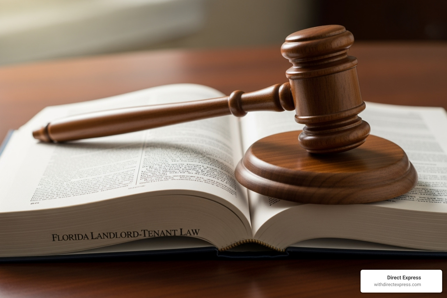 A gavel and a Florida landlord-tenant law book - rental property management wesley chapel