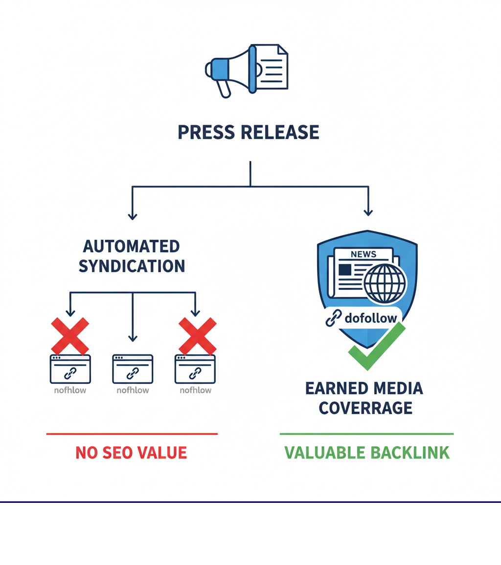 Infographic showing two paths from a press release: Path 1 labeled 'Automated Syndication' leads to multiple low-quality website icons with nofollow link symbols and an X mark, while Path 2 labeled 'Earned Media Coverage' leads to a single high-authority news website icon with a dofollow link symbol and a checkmark, illustrating that genuine editorial coverage creates valuable backlinks while automated distribution does not - press release backlinks infographic Infographic showing two paths from a press release: Path 1 labeled 'Automated Syndication' leads to multiple low-quality website icons with nofollow link symbols and an X mark, while Path 2 labeled 'Earned Media Coverage' leads to a single high-authority news website icon with a dofollow link symbol and a checkmark, illustrating that genuine editorial coverage creates valuable backlinks while automated distribution does not - press release backlinks infographic