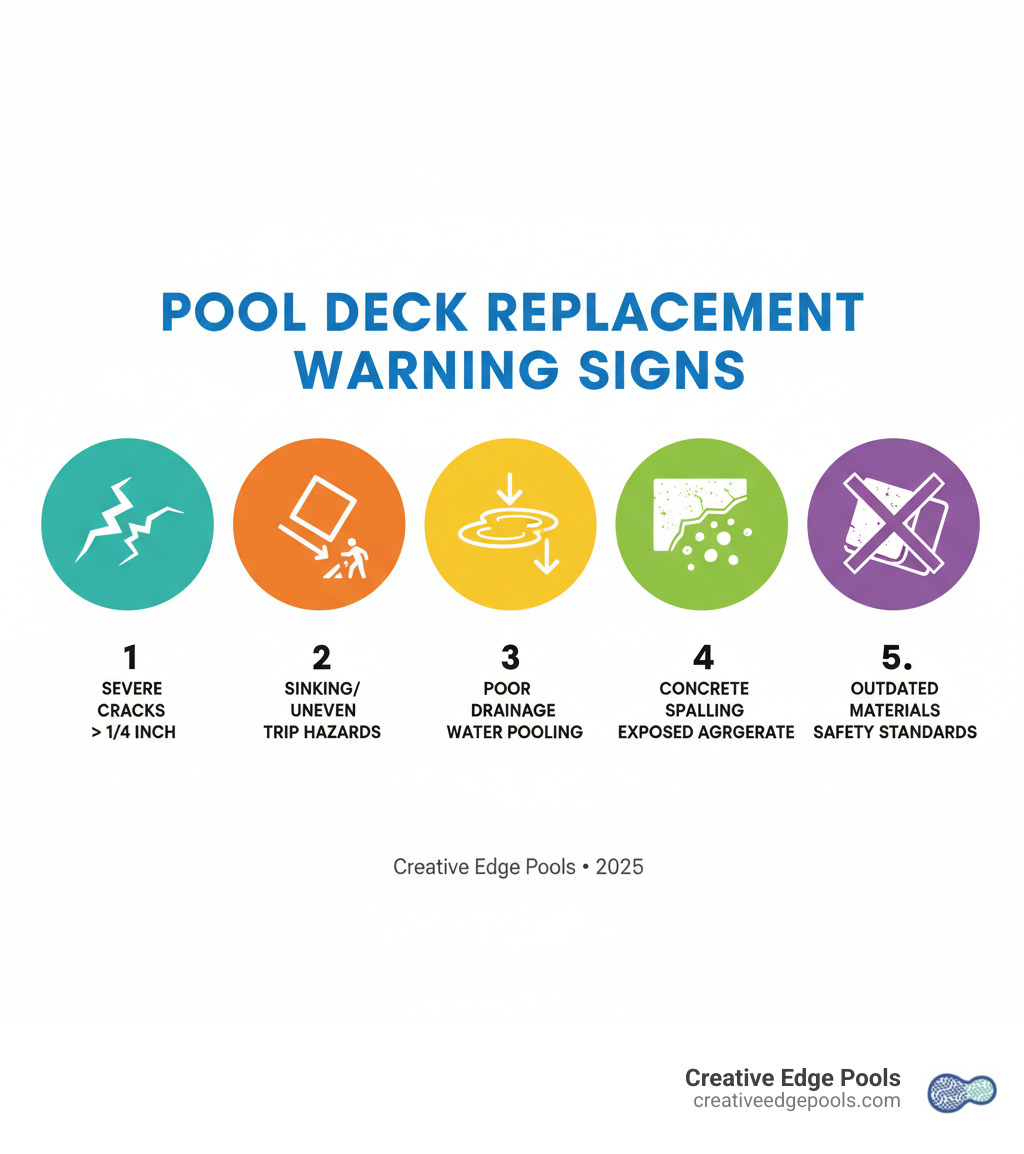 infographic showing five warning signs that indicate pool deck replacement is needed: severe cracks wider than a quarter inch, sinking or uneven surfaces creating trip hazards, poor drainage causing water pooling, concrete spalling with exposed aggregate, and outdated materials that no longer meet safety standards - pool deck replacement infographic infographic showing five warning signs that indicate pool deck replacement is needed: severe cracks wider than a quarter inch, sinking or uneven surfaces creating trip hazards, poor drainage causing water pooling, concrete spalling with exposed aggregate, and outdated materials that no longer meet safety standards - pool deck replacement infographic