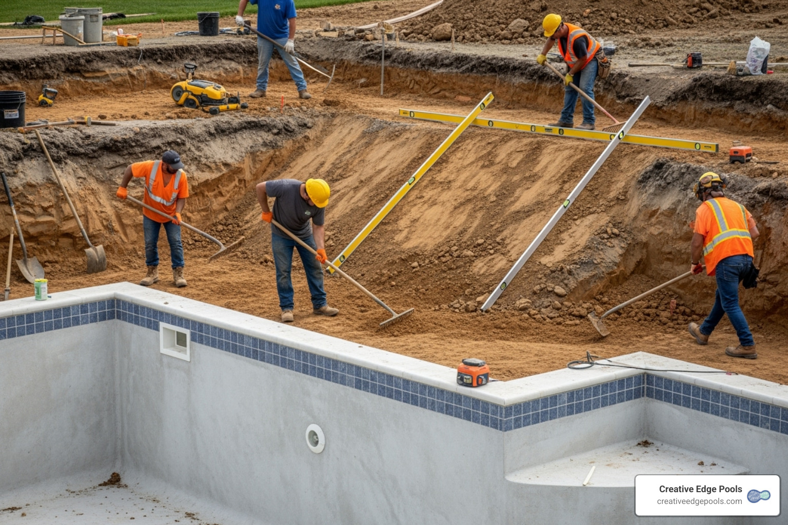 construction crew carefully grading the area around a pool before installation - pool deck replacement construction crew carefully grading the area around a pool before installation - pool deck replacement