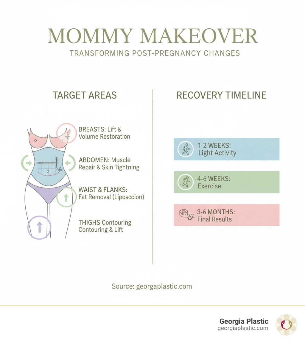 Infographic showing the common areas addressed by a mommy makeover: breasts (volume restoration and lift), abdomen (muscle repair and skin removal), waist and flanks (fat removal through liposuction), and thighs (contouring and lifting), with typical recovery timeline of 1-2 weeks for light activity, 4-6 weeks for exercise, and 3-6 months for final results - atlanta mommy makeover infographic 