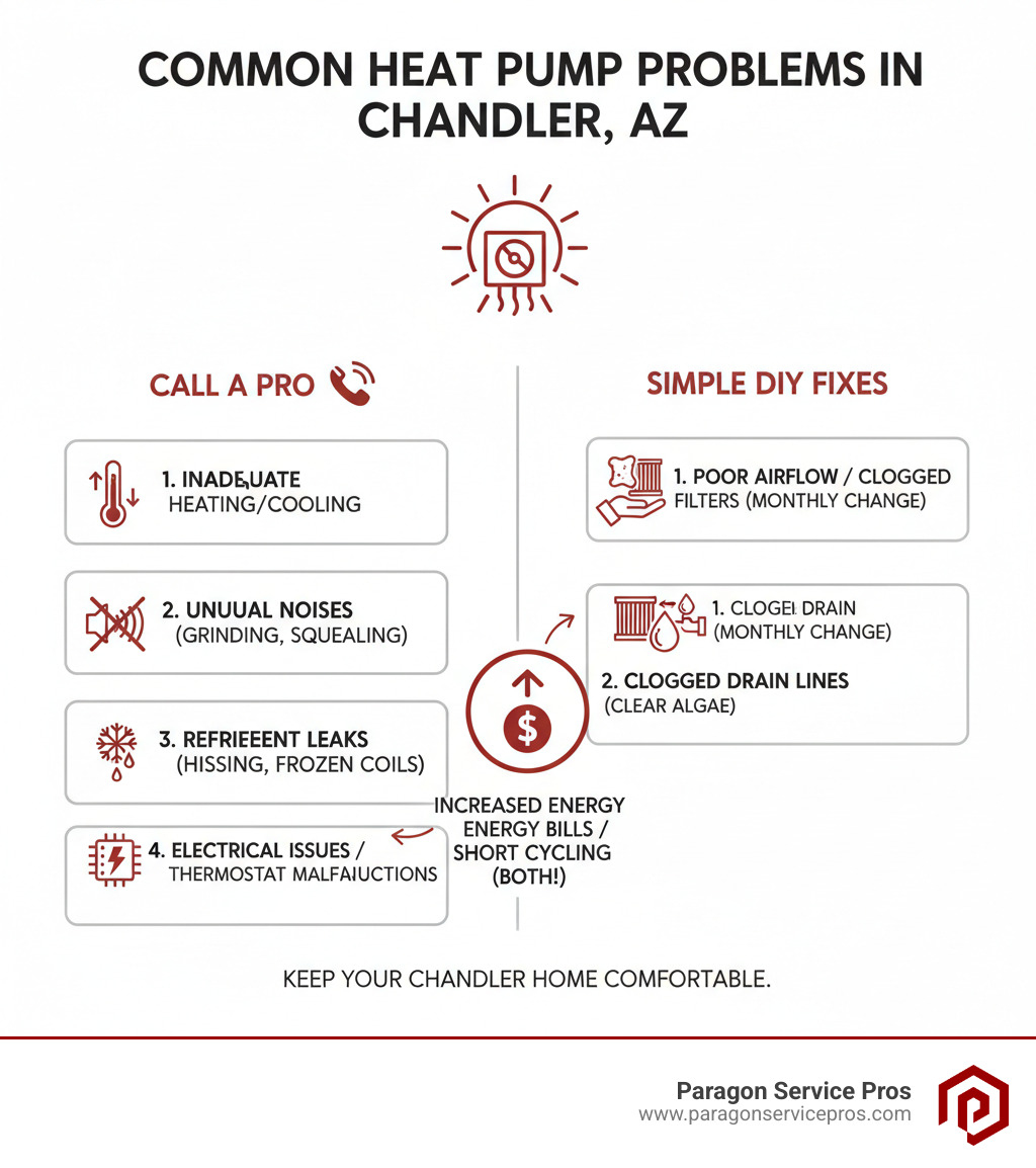 Infographic showing common heat pump problems in Chandler, AZ including inadequate heating or cooling, unusual noises like grinding or squealing, short cycling, increased energy bills, poor airflow, refrigerant leaks with hissing sounds and frozen coils, clogged drain lines causing water leakage, electrical issues, and thermostat malfunctions, with icons indicating when to call a professional versus simple DIY maintenance like filter changes - heat pump repair chandler, az infographic Infographic showing common heat pump problems in Chandler, AZ including inadequate heating or cooling, unusual noises like grinding or squealing, short cycling, increased energy bills, poor airflow, refrigerant leaks with hissing sounds and frozen coils, clogged drain lines causing water leakage, electrical issues, and thermostat malfunctions, with icons indicating when to call a professional versus simple DIY maintenance like filter changes - heat pump repair chandler, az infographic