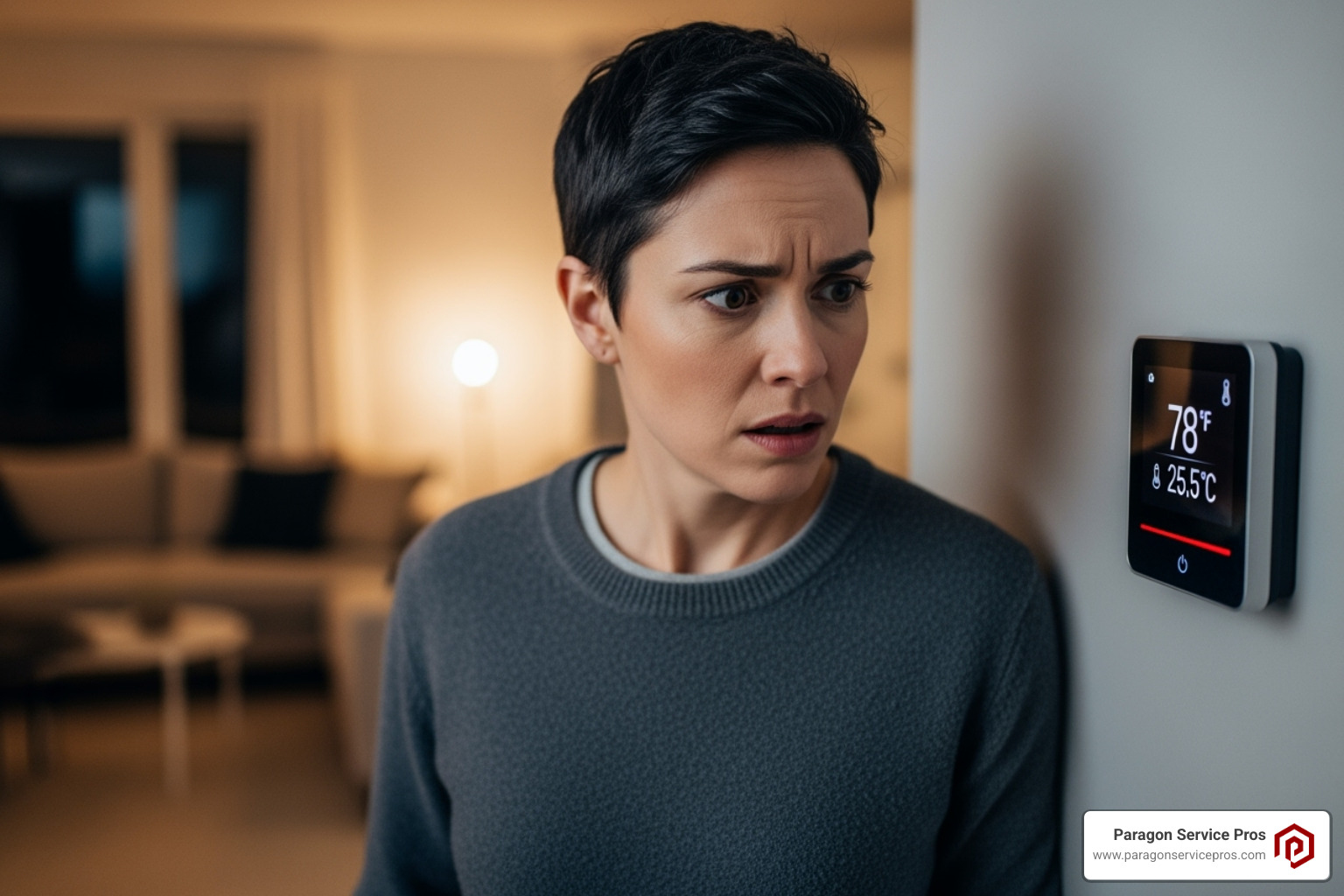 A person looking at their thermostat with a concerned expression - furnace repair bluffdale, ut