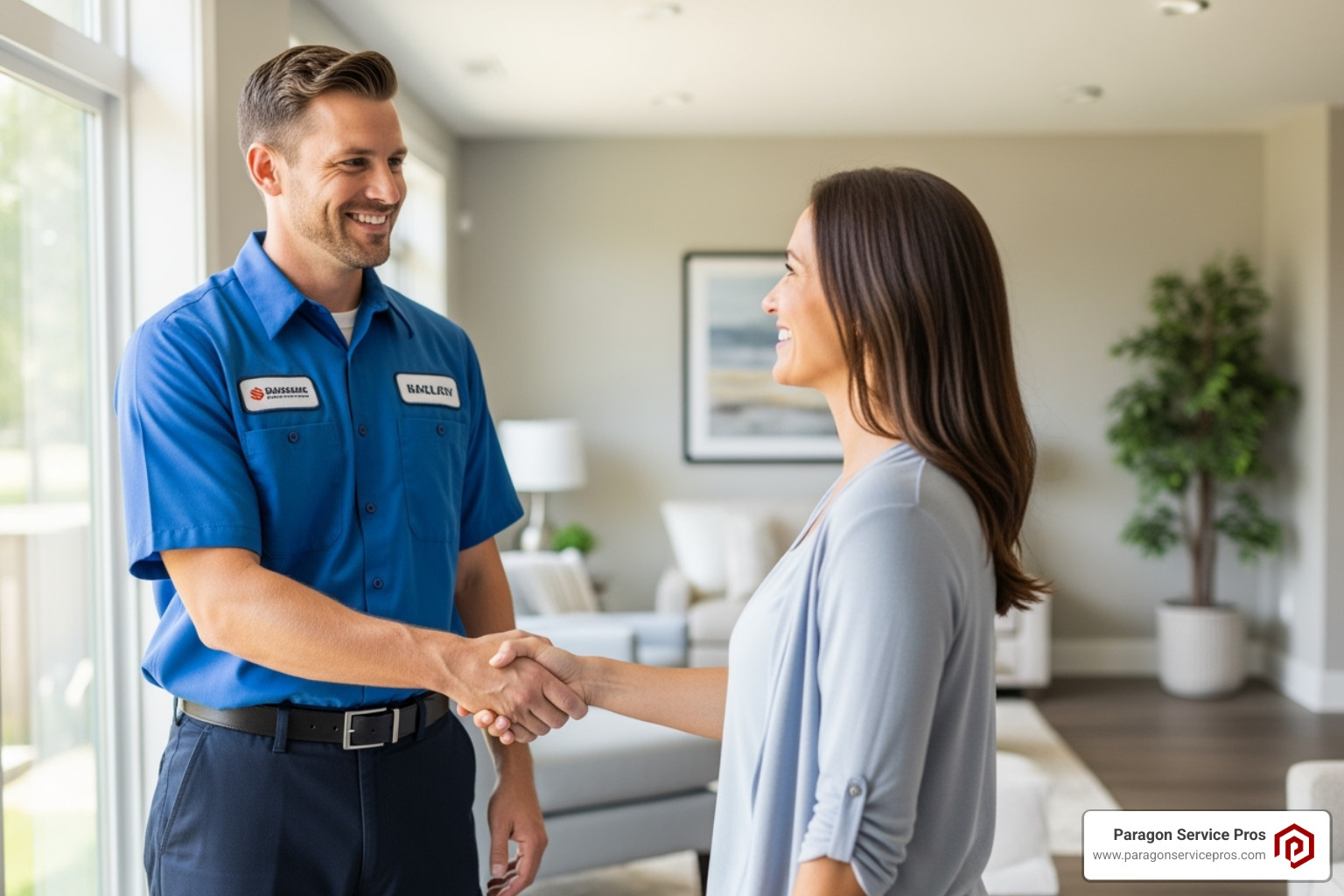 A professional, friendly technician shaking a homeowner's hand - furnace repair bluffdale, ut