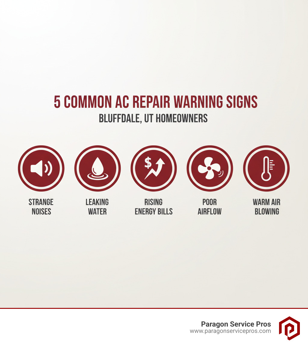 infographic showing 5 common AC repair warning signs: a speaker icon with sound waves for strange noises, a water droplet for leaking water, a dollar sign with upward arrow for rising energy bills, a weak fan symbol for poor airflow, and a thermometer showing heat for warm air blowing - ac repair bluffdale, ut infographic infographic showing 5 common AC repair warning signs: a speaker icon with sound waves for strange noises, a water droplet for leaking water, a dollar sign with upward arrow for rising energy bills, a weak fan symbol for poor airflow, and a thermometer showing heat for warm air blowing - ac repair bluffdale, ut infographic