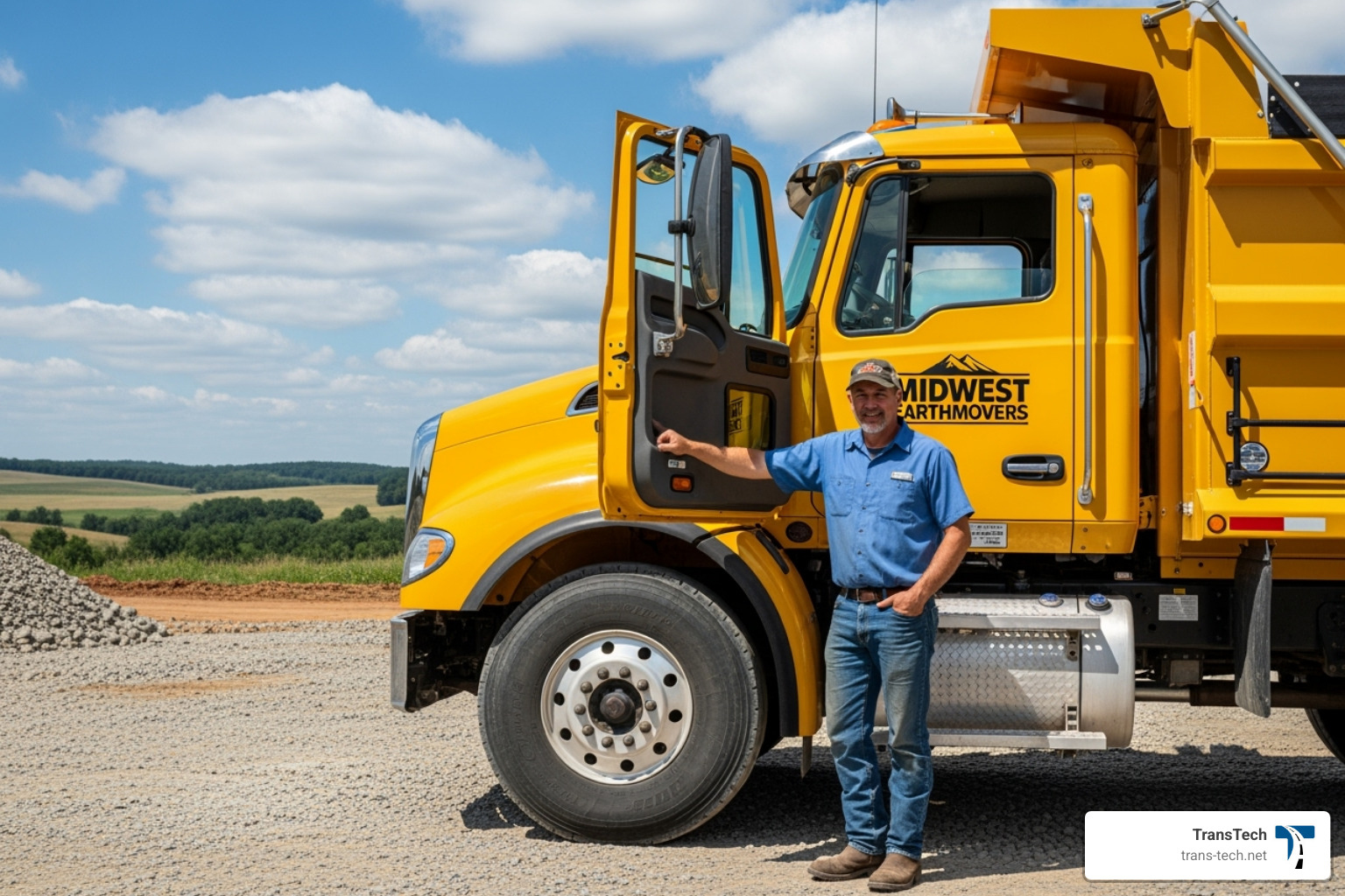image of a driver next to a large dump truck - class b cdl