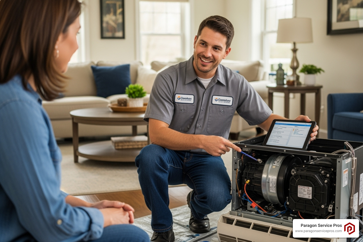 friendly HVAC technician explaining diagnosis to homeowner - ac repair bluffdale, ut friendly HVAC technician explaining diagnosis to homeowner - ac repair bluffdale, ut