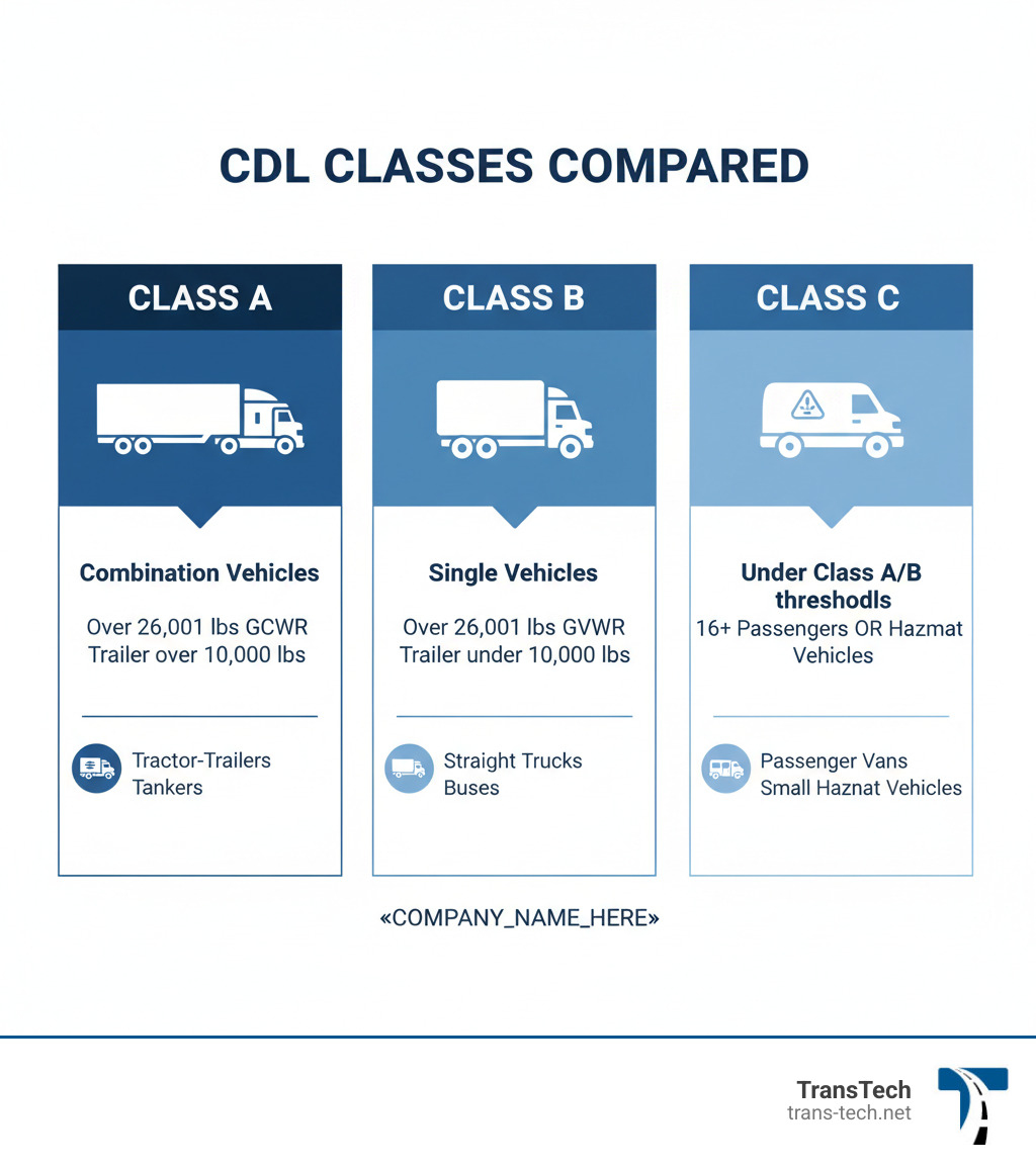 Infographic showing three columns comparing CDL classes: Class A (combination vehicles over 26,001 lbs GCWR with trailers over 10,000 lbs, examples include tractor-trailers and tankers), Class B (single vehicles over 26,001 lbs GVWR with trailers under 10,000 lbs, examples include straight trucks and buses), and Class C (vehicles under Class A/B thresholds designed for 16+ passengers or hazmat, examples include passenger vans and small hazmat vehicles) - class b cdl infographic 