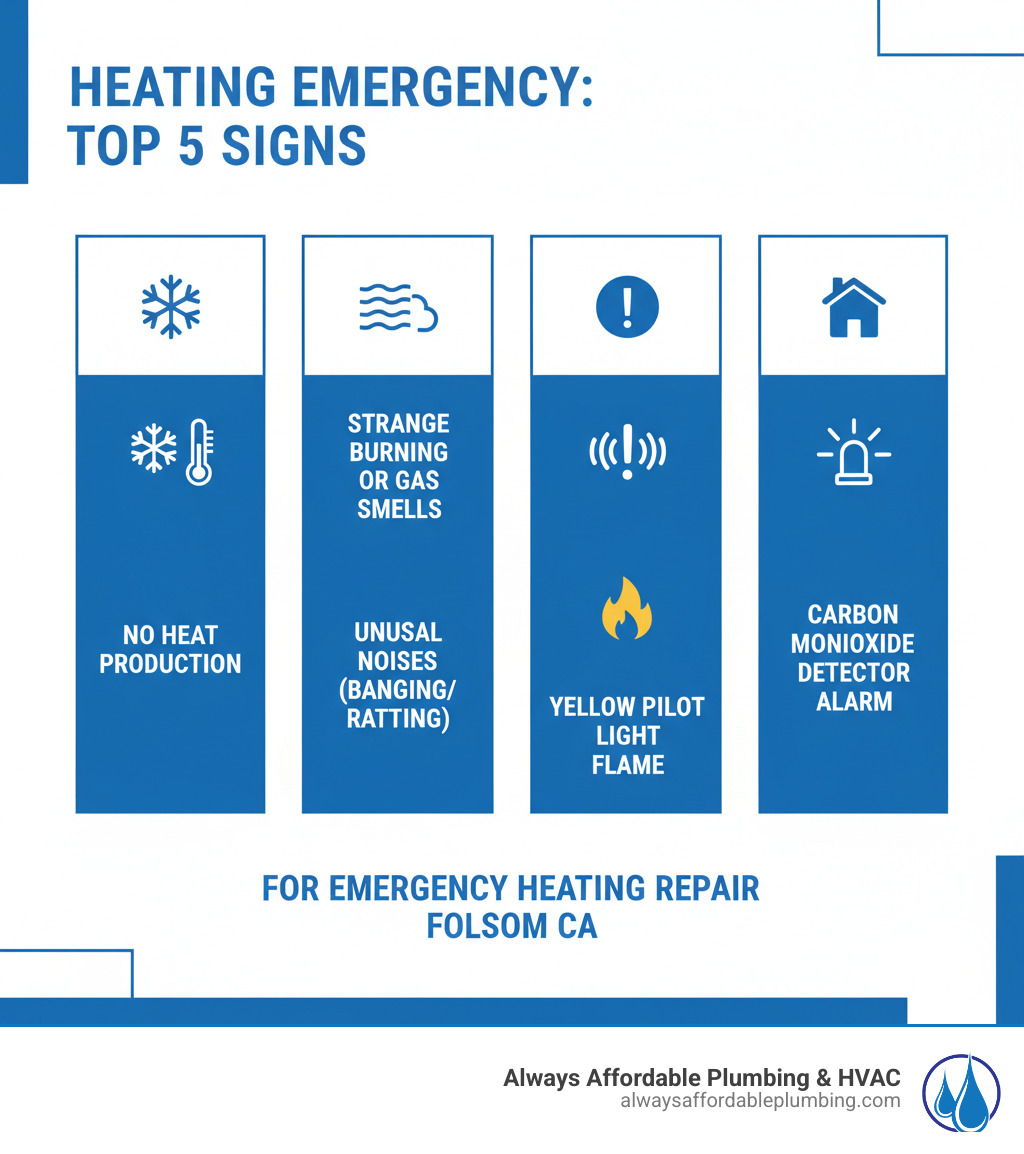 infographic showing top 5 signs of a heating emergency including no heat production, strange burning or gas smells, unusual noises like banging or rattling, yellow pilot light flame, and carbon monoxide detector alarm - emergency heating repair folsom ca infographic 