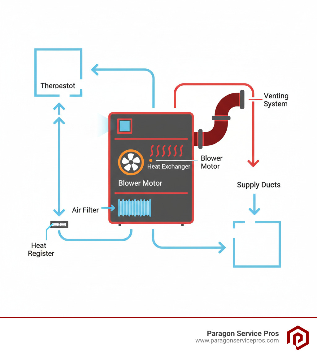 Infographic showing the basic components of a home furnace system including the thermostat, air filter, blower motor, heat exchanger, and venting system, with arrows indicating airflow direction through the home's ductwork during the heating cycle - furnace repair bluffdale, ut infographic 