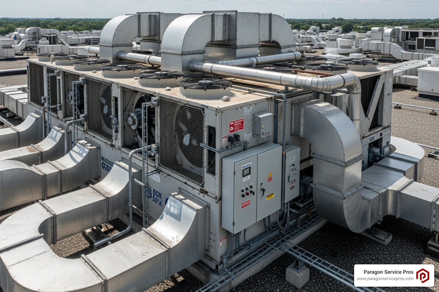 A commercial rooftop HVAC unit showing its various components, highlighting its size and complexity compared to residential units. - commercial hvac services american fork, ut A commercial rooftop HVAC unit showing its various components, highlighting its size and complexity compared to residential units. - commercial hvac services american fork, ut