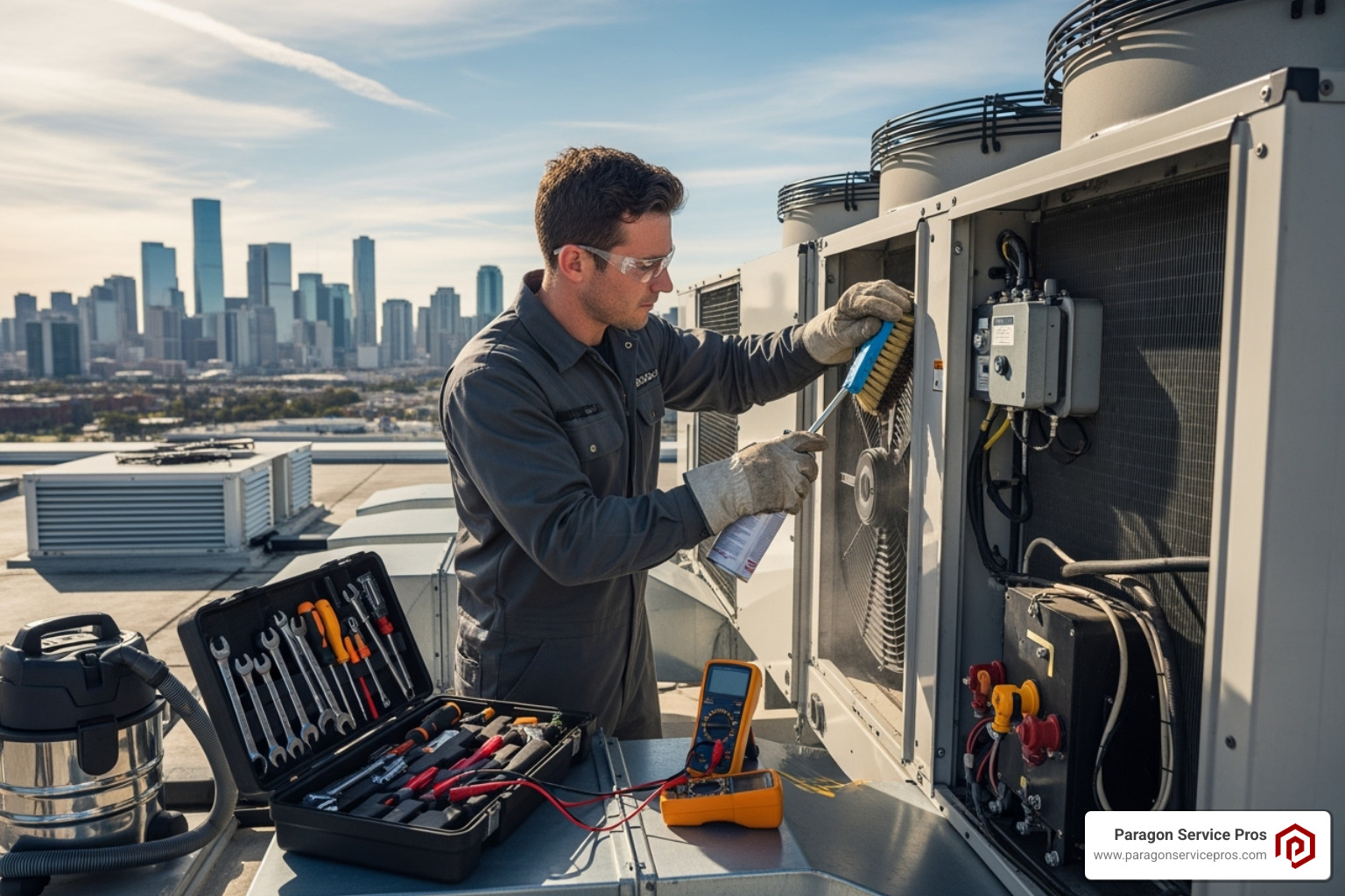 A skilled technician meticulously inspecting and cleaning components of a large commercial HVAC unit on a rooftop, ensuring optimal performance and longevity. - commercial hvac services american fork, ut A skilled technician meticulously inspecting and cleaning components of a large commercial HVAC unit on a rooftop, ensuring optimal performance and longevity. - commercial hvac services american fork, ut