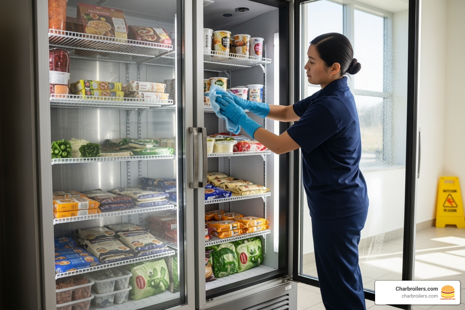 Person cleaning the interior of a commercial freezer - imperial heavy duty commercial upright freezer