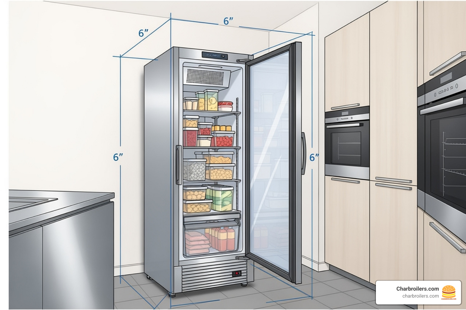 Illustration showing proper freezer placement with 3-inch clearance for ventilation - imperial heavy duty commercial upright freezer
