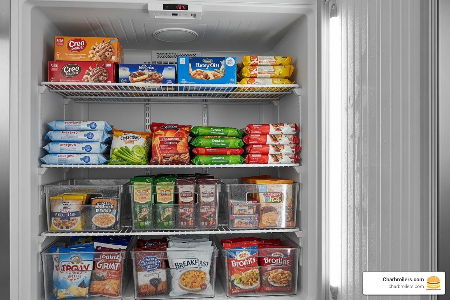 Interior of an Imperial freezer with adjustable shelves and storage baskets - imperial heavy duty commercial upright freezer