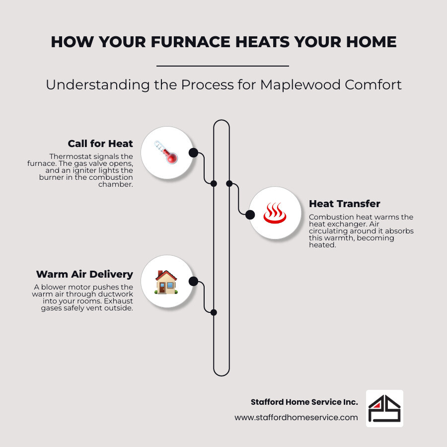 infographic showing how a furnace works: thermostat signals heat needed, gas valve opens and igniter lights burner in combustion chamber, heat exchanger warms air, blower motor pushes warm air through ductwork to rooms, exhaust gases vent safely outside through flue pipe - furnace repair maplewood, mn infographic infographic-line-3-steps-elegant_beige infographic showing how a furnace works: thermostat signals heat needed, gas valve opens and igniter lights burner in combustion chamber, heat exchanger warms air, blower motor pushes warm air through ductwork to rooms, exhaust gases vent safely outside through flue pipe - furnace repair maplewood, mn infographic infographic-line-3-steps-elegant_beige
