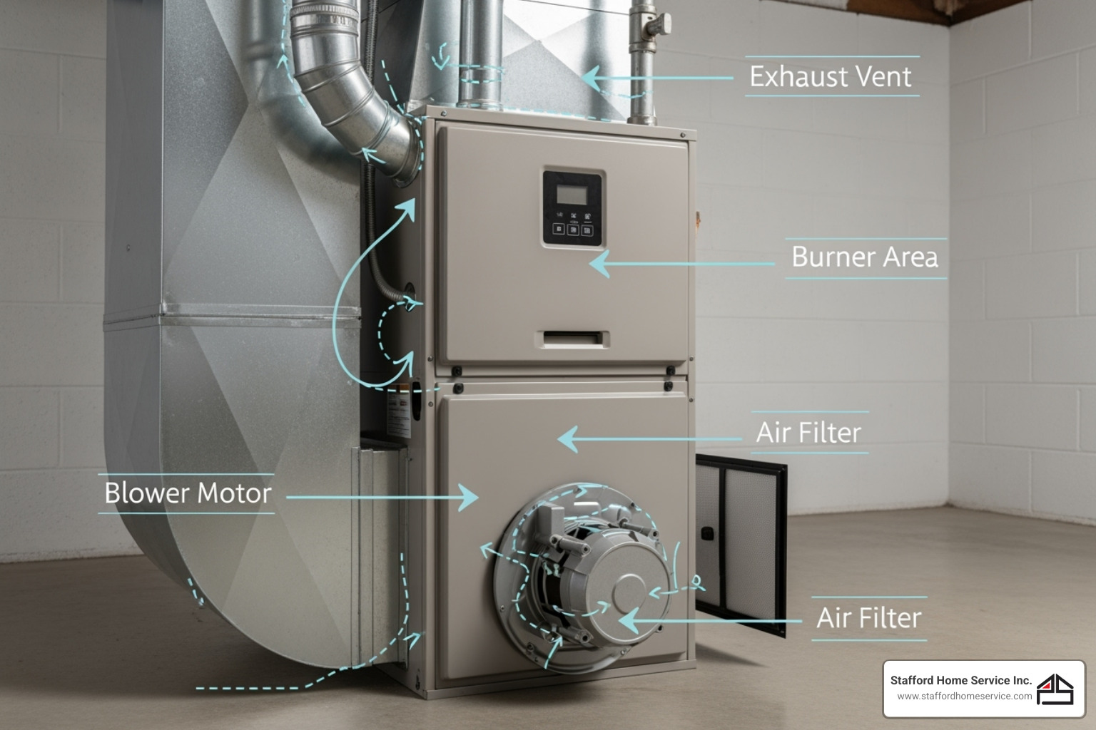 image of a furnace unit with arrows pointing to key areas to listen/look - furnace repair maplewood, mn image of a furnace unit with arrows pointing to key areas to listen/look - furnace repair maplewood, mn