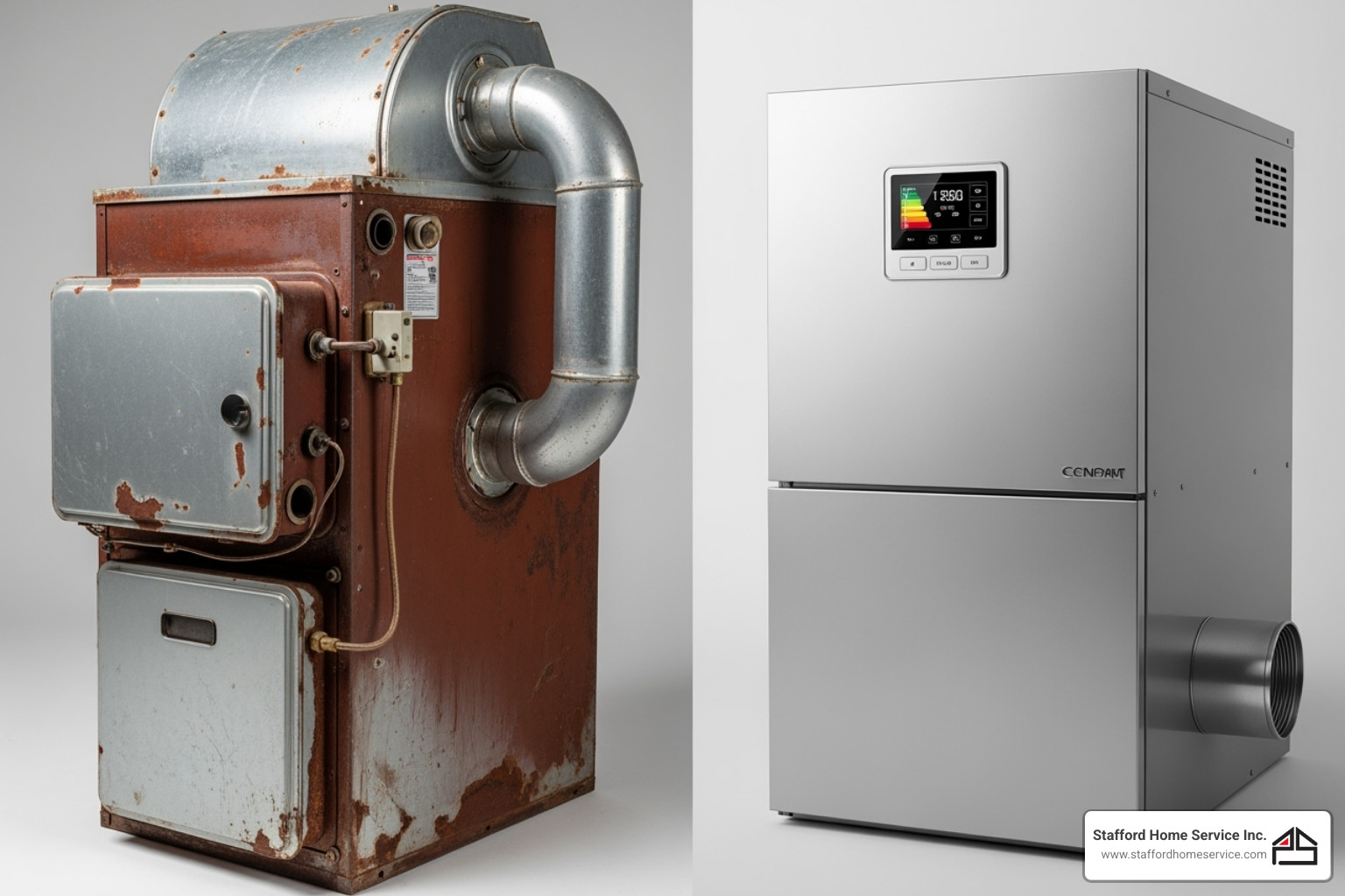 image comparing an old, rusty furnace with a new, modern one - furnace repair maplewood, mn image comparing an old, rusty furnace with a new, modern one - furnace repair maplewood, mn