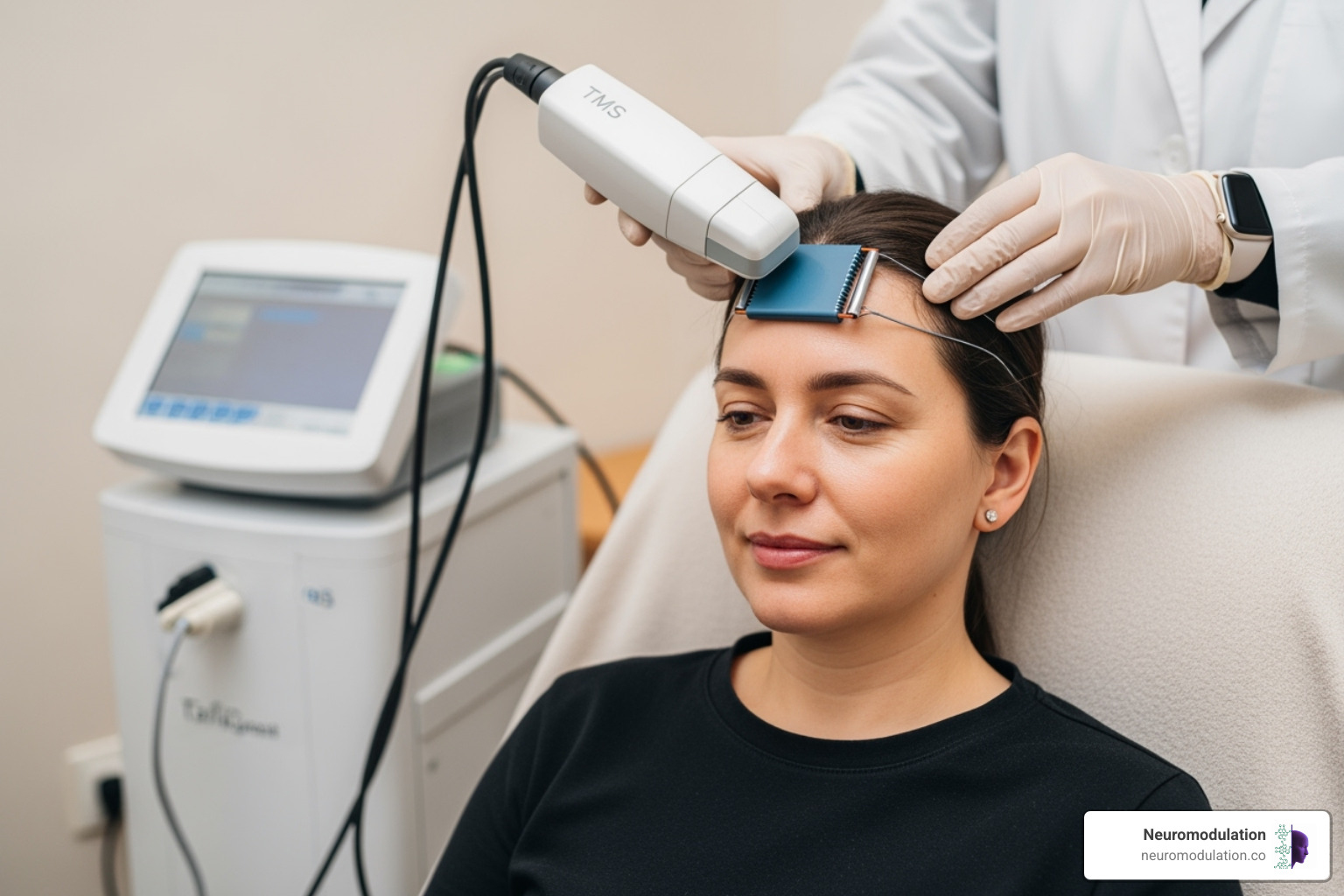 a patient undergoing a non-invasive TMS treatment - neuromodulation clinics near me