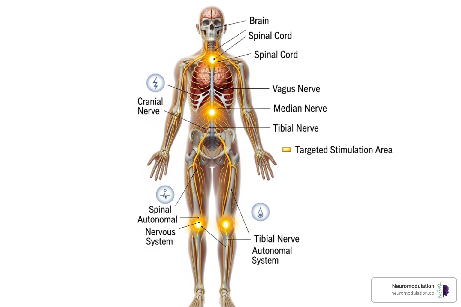 a diagram showing how neuromodulation targets specific nerves - neuromodulation clinics near me