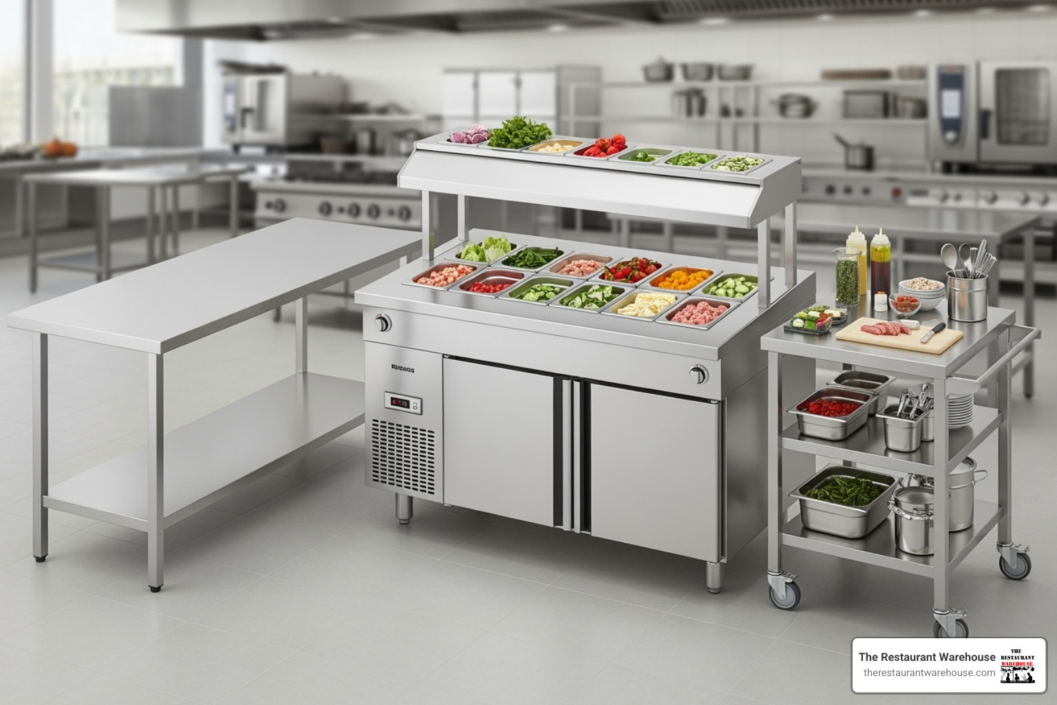 Comparison of standard work table, refrigerated prep table, and mobile prep cart in a professional kitchen. - commercial prep tables Comparison of standard work table, refrigerated prep table, and mobile prep cart in a professional kitchen. - commercial prep tables