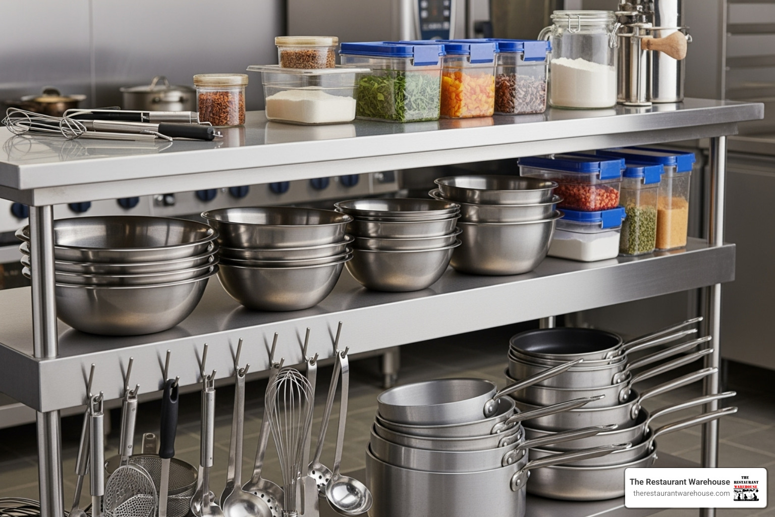 Adjustable undershelf of a commercial prep table with organized kitchen tools and containers. - commercial prep tables Adjustable undershelf of a commercial prep table with organized kitchen tools and containers. - commercial prep tables