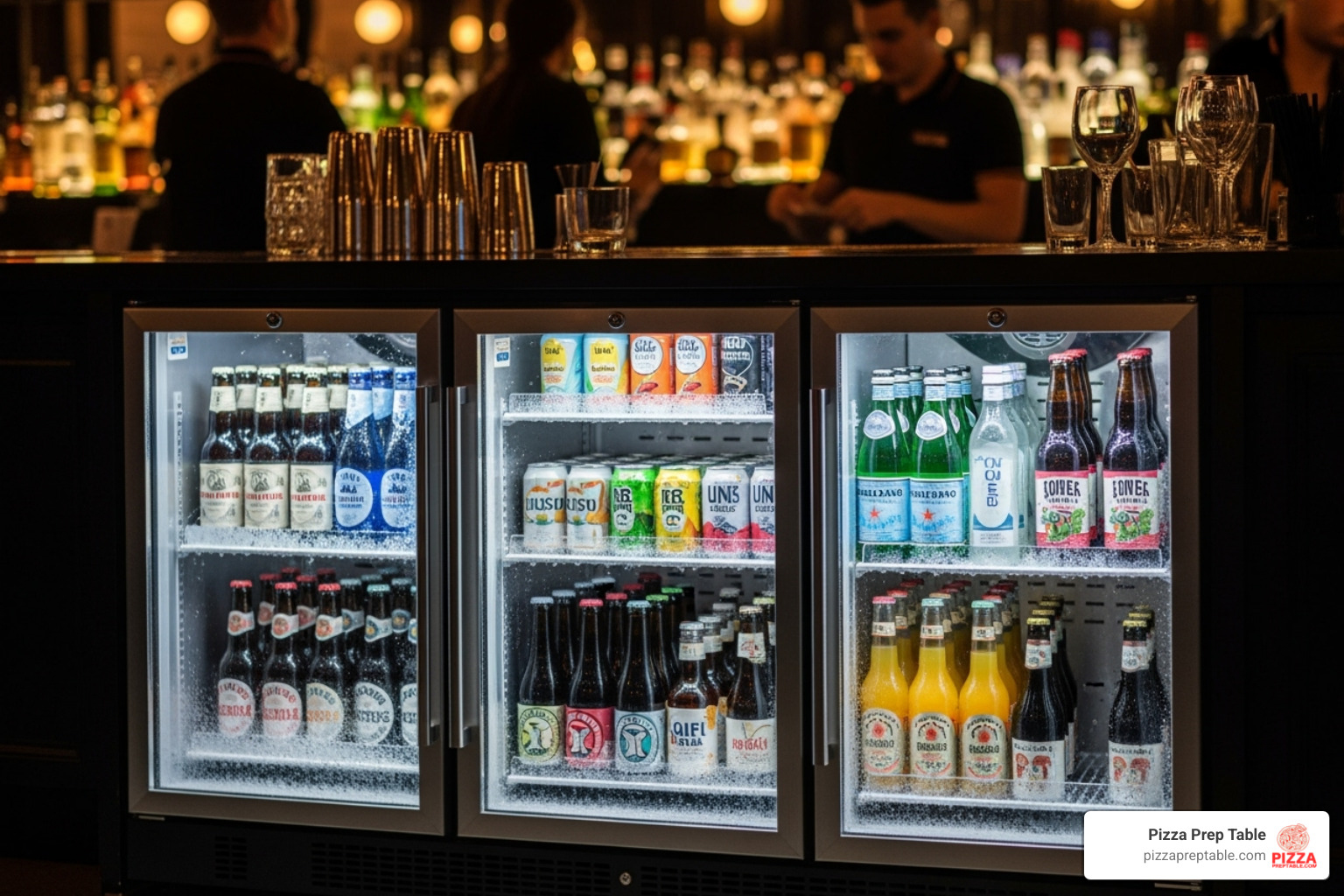 diagram of a triple door bar fridge with feature callouts - triple door bar fridge