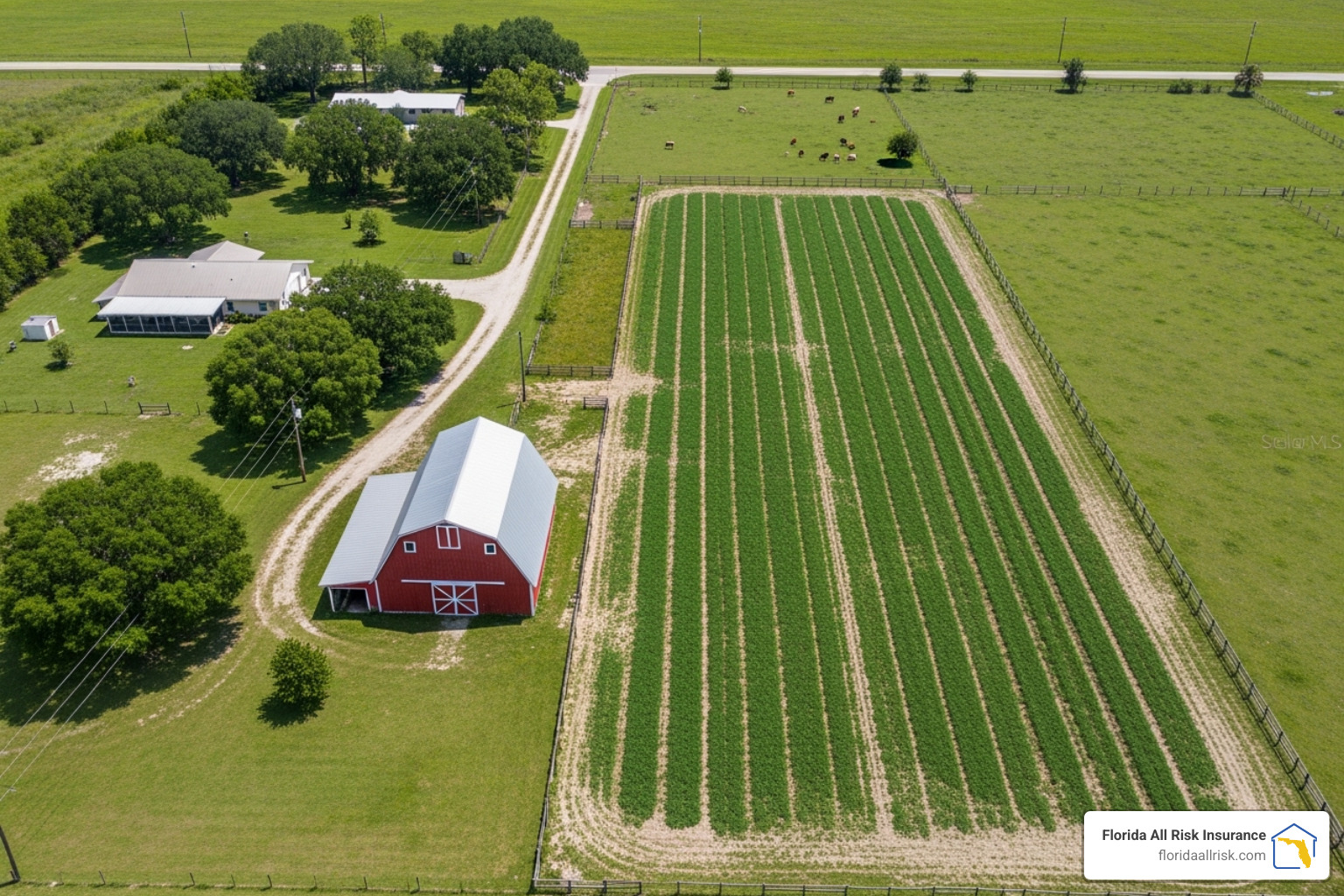 aerial view of a small Florida farm, clearly showing distinct areas for a dwelling, a barn, cultivated crop rows, and a pasture with a few animals. - small farm insurance cost aerial view of a small Florida farm, clearly showing distinct areas for a dwelling, a barn, cultivated crop rows, and a pasture with a few animals. - small farm insurance cost