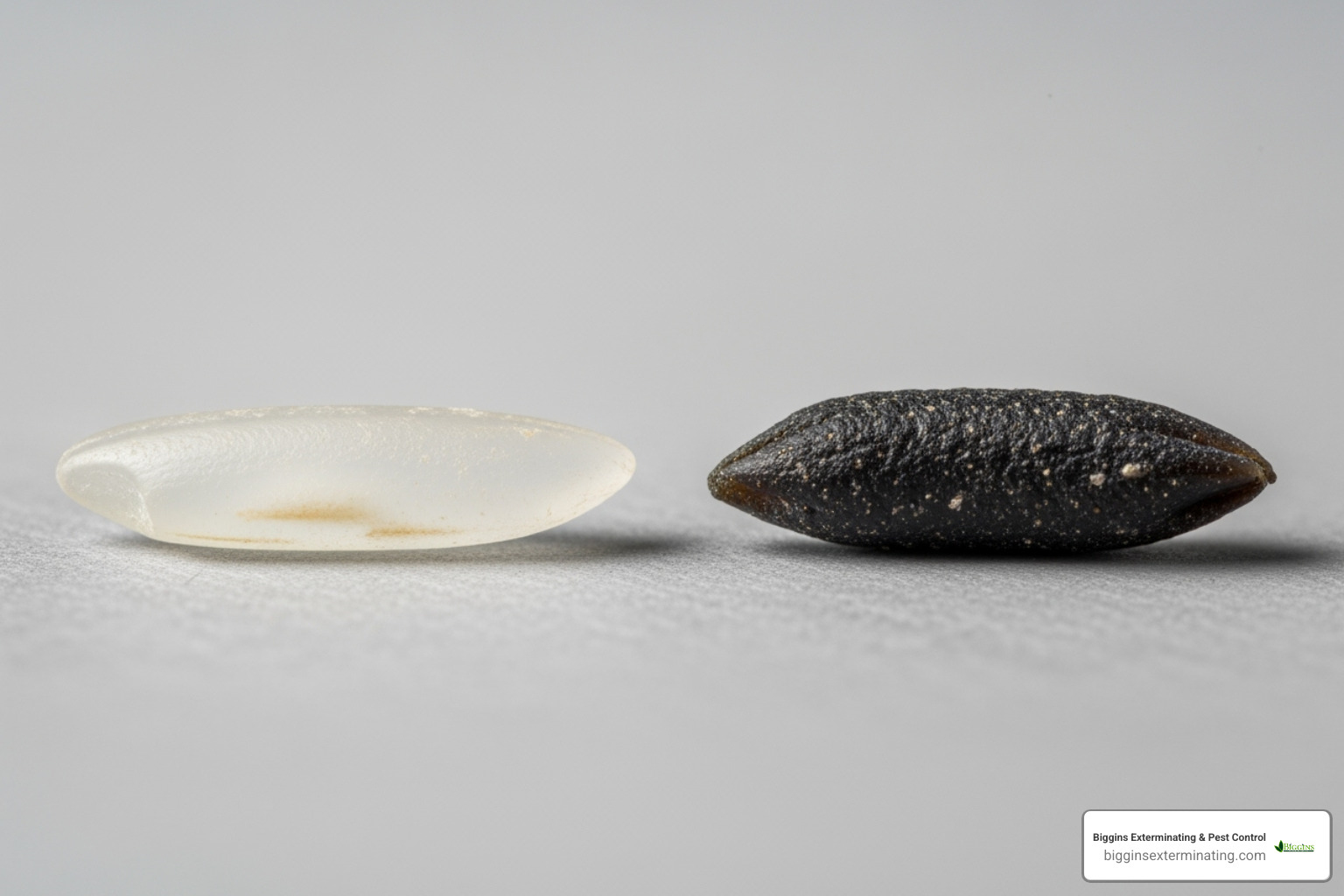 Image comparing a grain of rice to a mouse dropping - emergency mouse exterminator