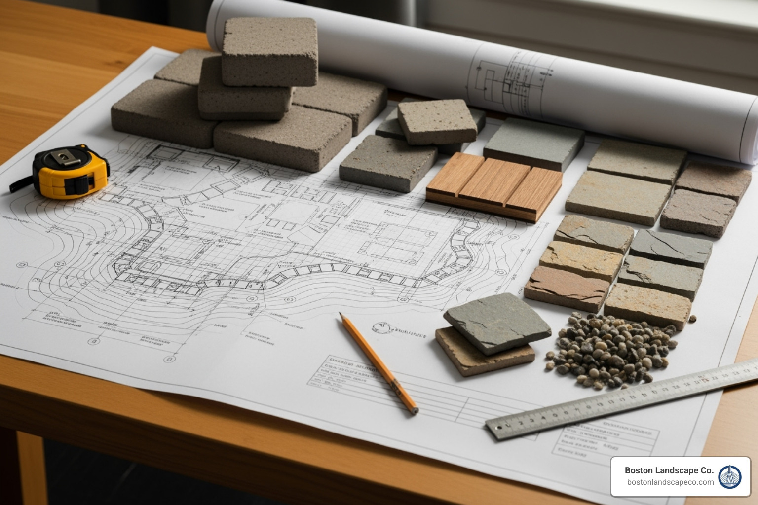 of a detailed hardscape design blueprint next to material samples like pavers and natural stone. - hardscape installer
