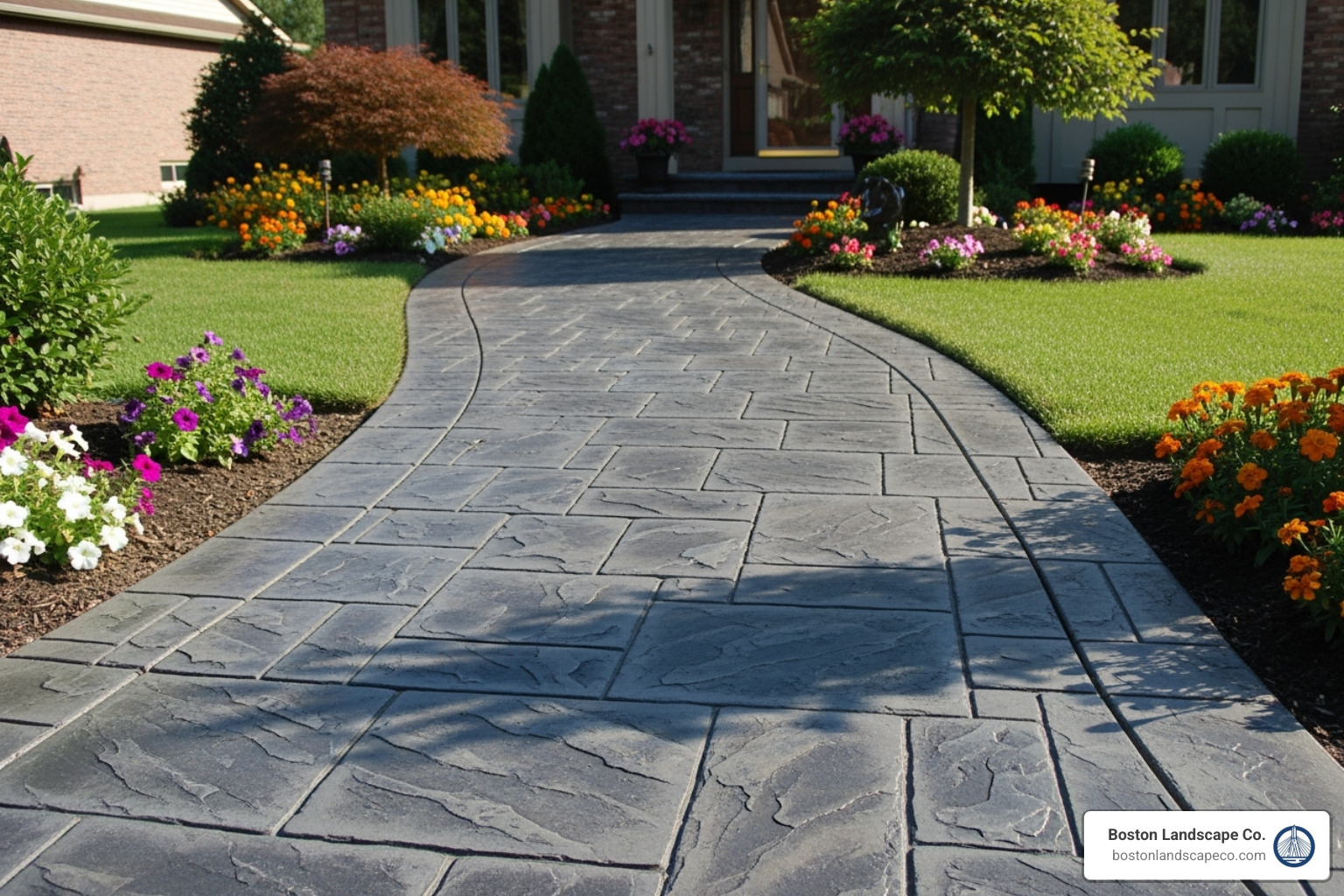 a stamped concrete walkway mimicking the look of natural slate - Front yard walkway a stamped concrete walkway mimicking the look of natural slate - Front yard walkway