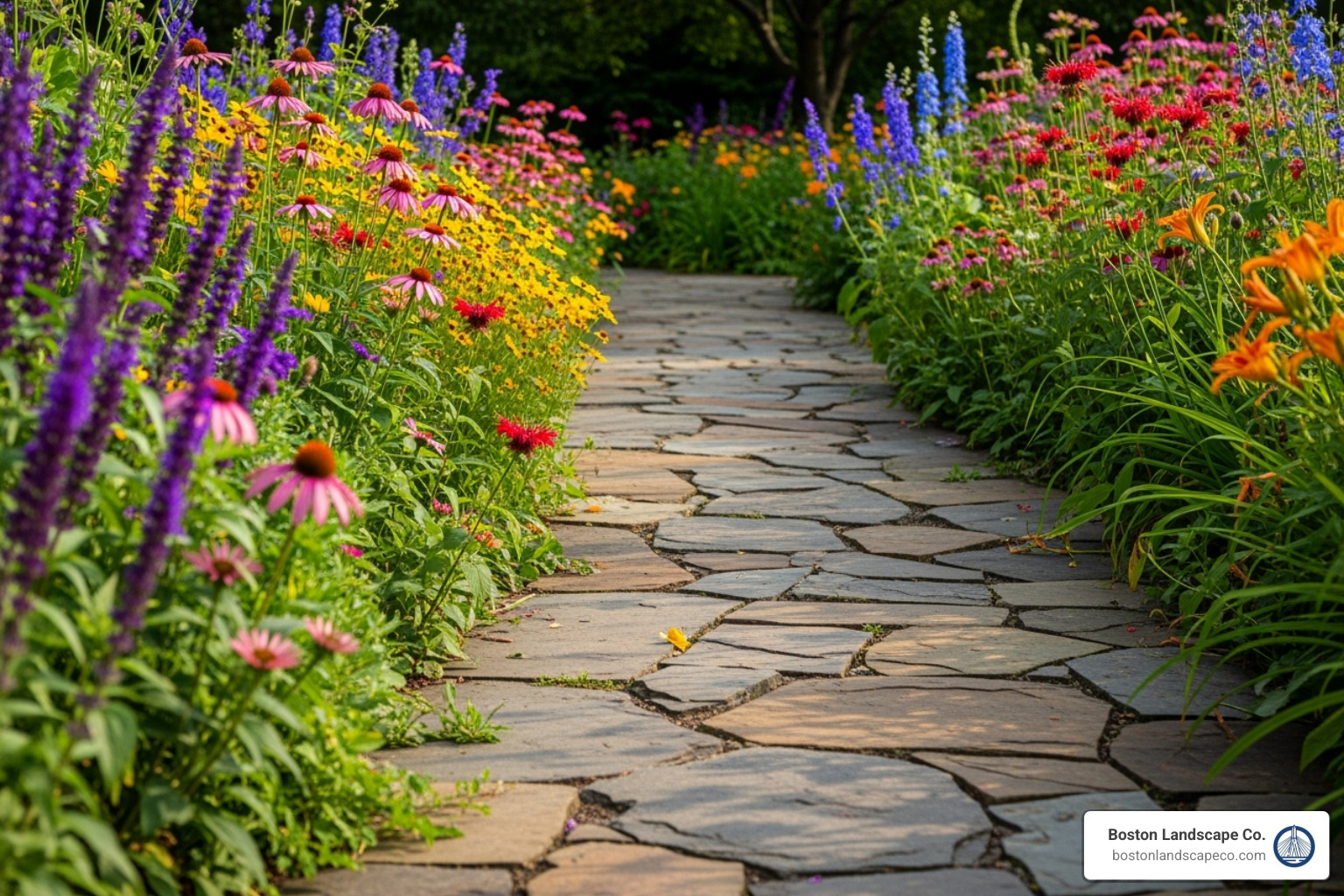 a rustic, irregular flagstone walkway bordered by colorful perennials - Front yard walkway a rustic, irregular flagstone walkway bordered by colorful perennials - Front yard walkway