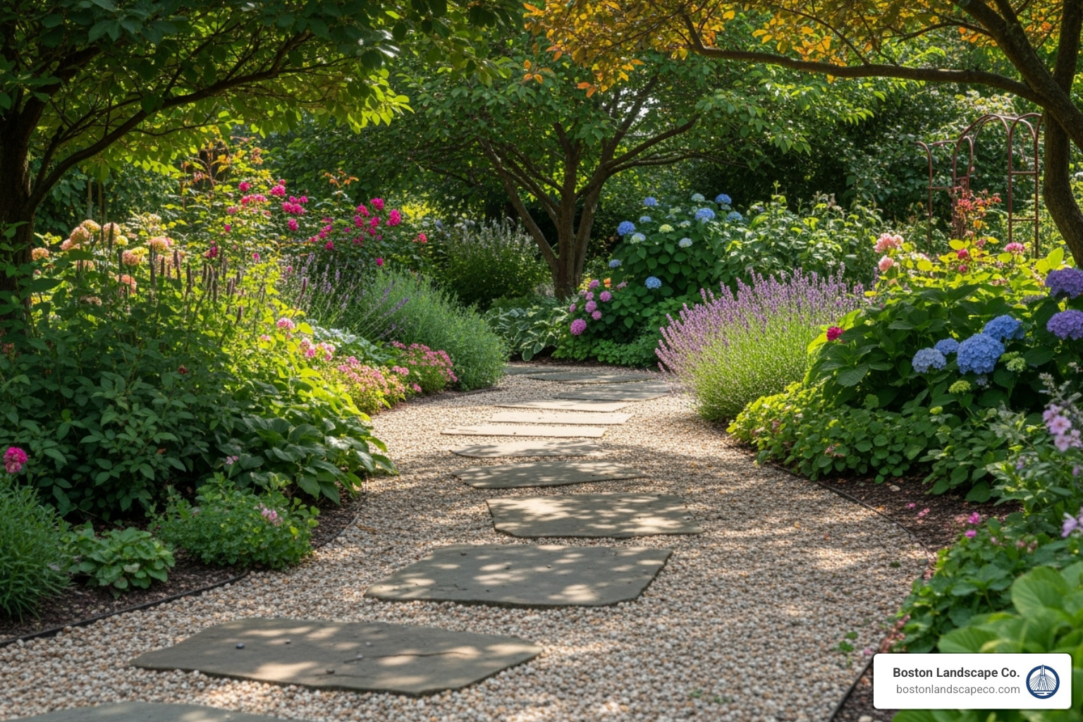 a casual gravel path with large, flat stepping stones leading through a garden - Front yard walkway a casual gravel path with large, flat stepping stones leading through a garden - Front yard walkway
