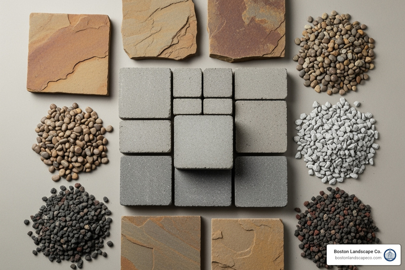 various hardscape materials neatly arranged: concrete pavers, natural flagstone, and different types of gravel. - hardscape supplies near me