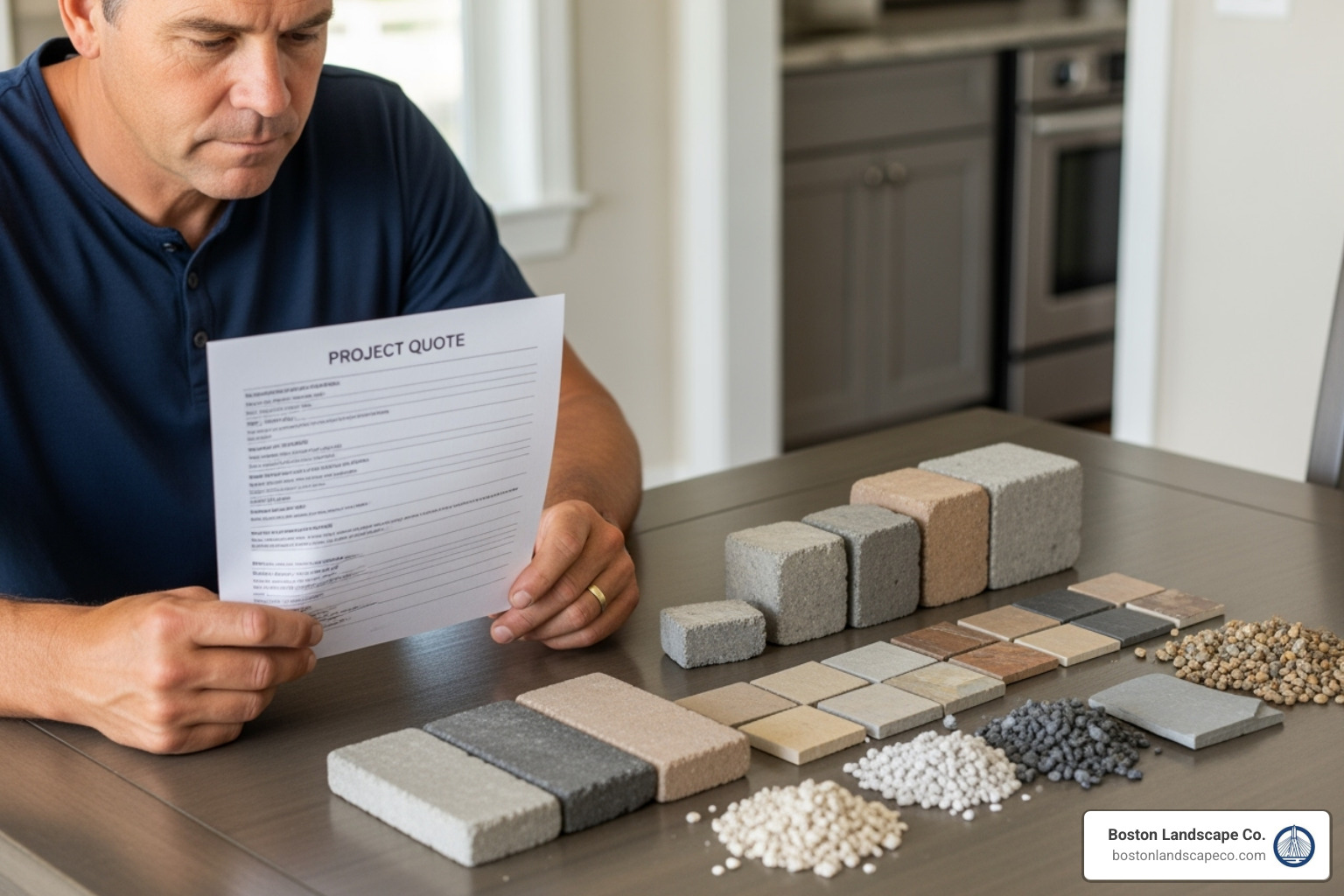 a homeowner reviewing a project quote with material samples on a table. - hardscape supplies near me