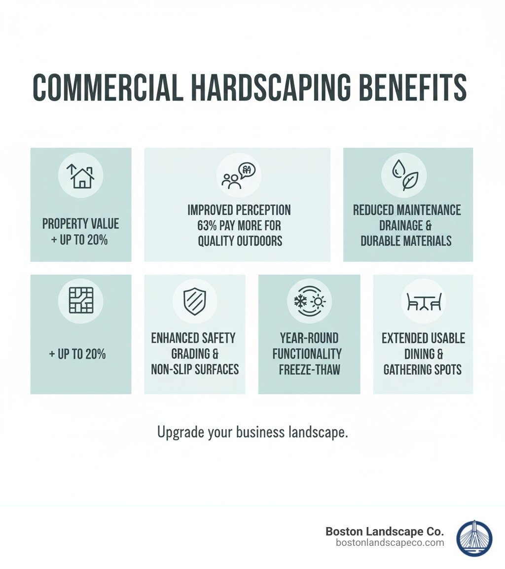 Infographic showing key benefits of professional commercial hardscaping: Property value increase of up to 20 percent, improved customer perception with 63 percent of buyers willing to pay more for quality outdoor spaces, reduced long-term maintenance costs through proper drainage and durable materials, enhanced safety with proper grading and non-slip surfaces, year-round functionality designed to withstand New England freeze-thaw cycles, and extended usable outdoor space for dining areas and customer gathering spots - hardscape installer infographic 