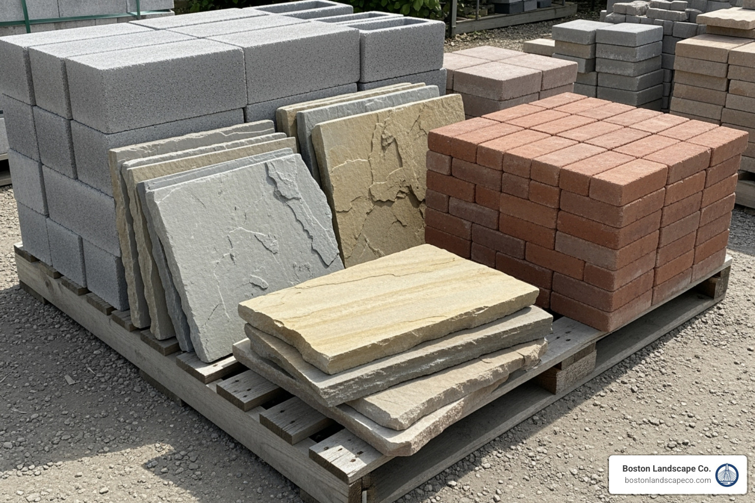 A pallet displaying various paver materials including concrete blocks, natural flagstone slabs, and reddish-brown brick pavers - Garden path pavers A pallet displaying various paver materials including concrete blocks, natural flagstone slabs, and reddish-brown brick pavers - Garden path pavers